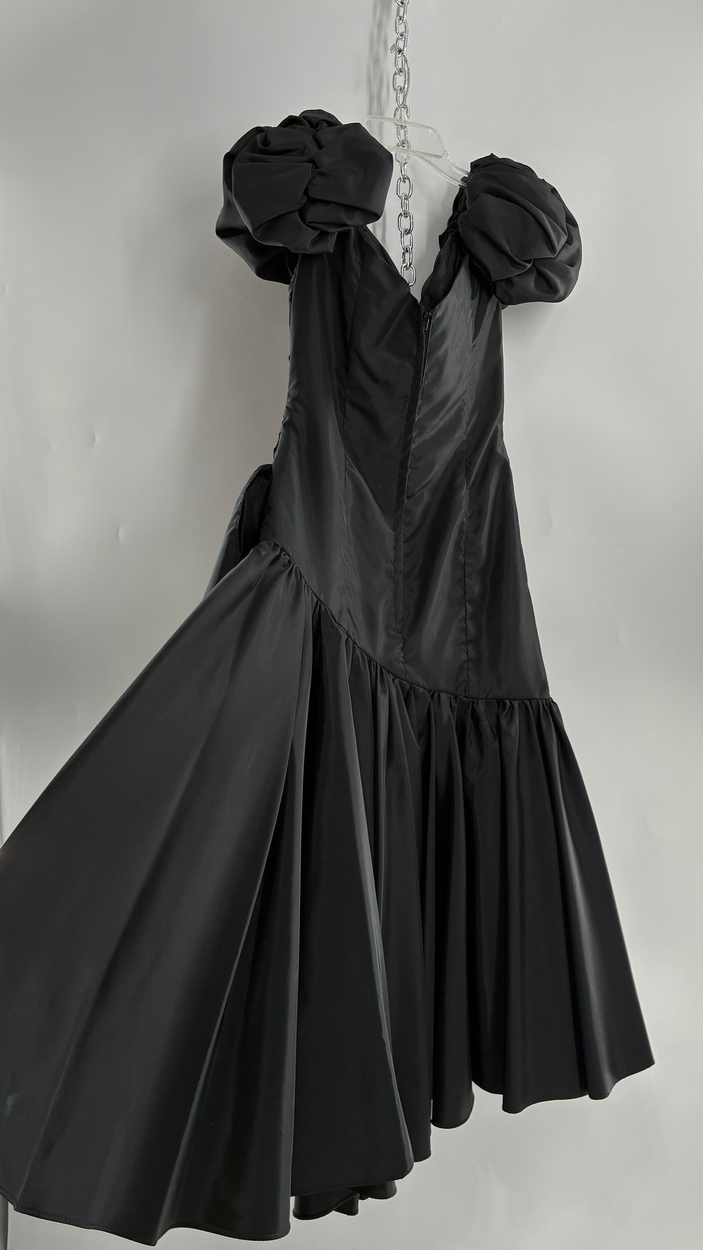 Vintage 1980s Black Gown with Ruched Bodice, Exaggerated Puff Sleeves, and Tiered Skirt (Measured)