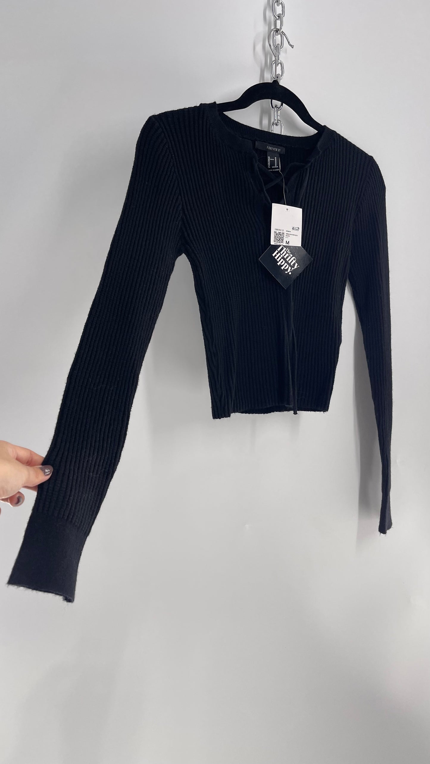 Forever 21 Black Ribbed Knit Long Sleeve (Medium)