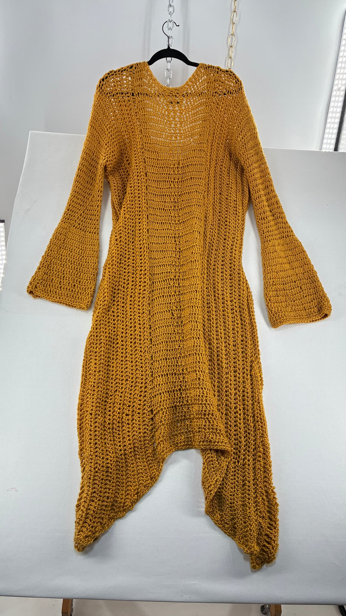 Vintage AUDRIE DESIGNS Mustard Crochet Bell Sleeve Duster Sweater Gown, Hand Knit  (OS)
