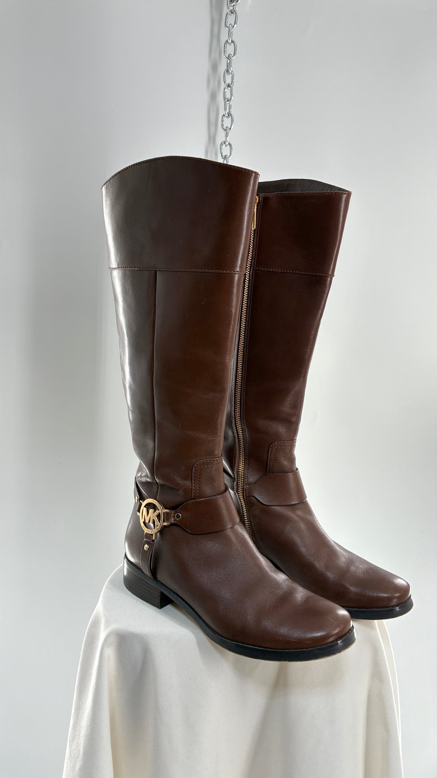 Vintage MICHAEL KORS Knee High Brown Genuine Leather Moto Boot with Gold Detailing (9)