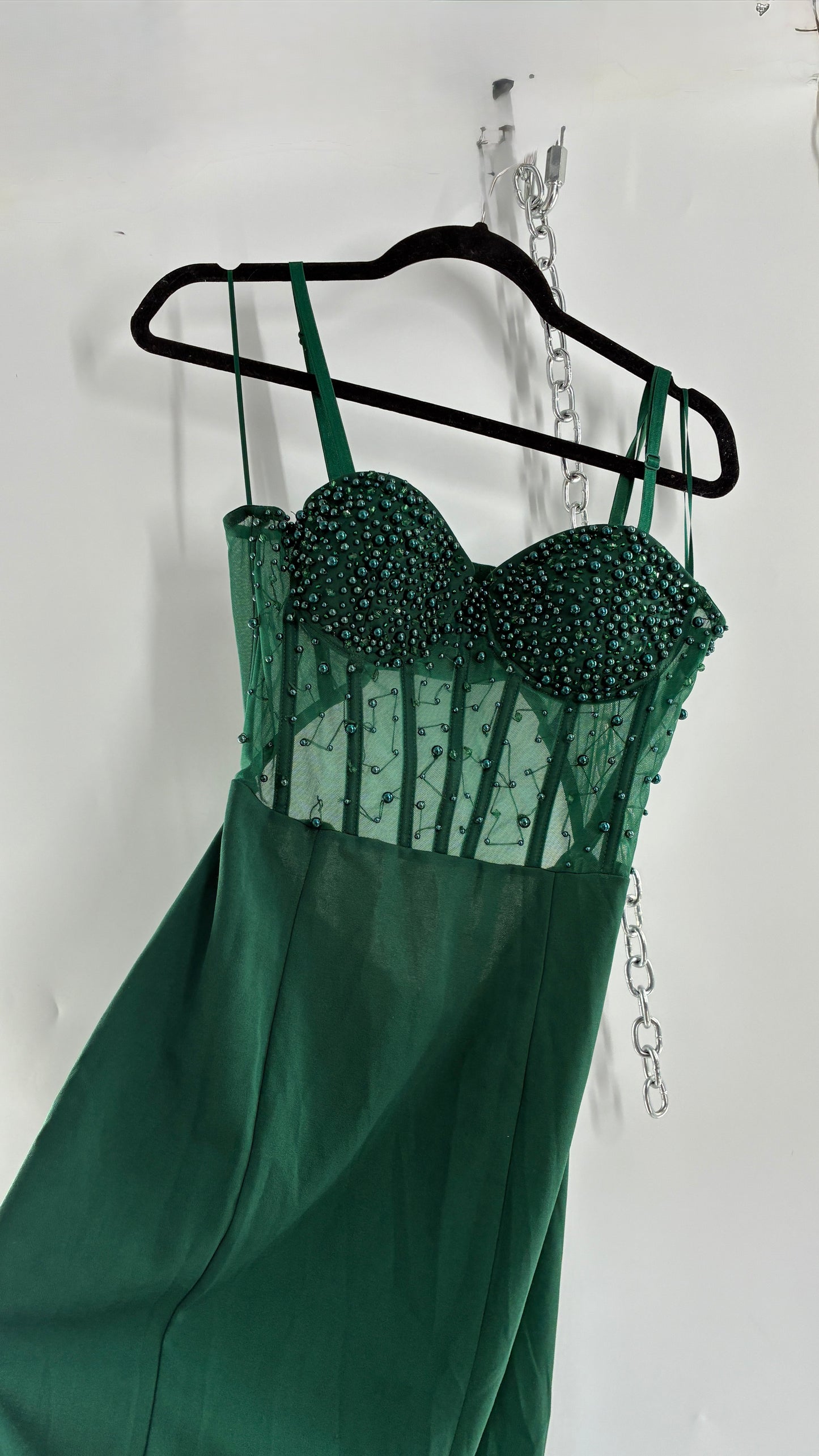 WINDSOR Green Backless Gown with Beaded Corset, Thigh Slit, and Tags Attached (Large)