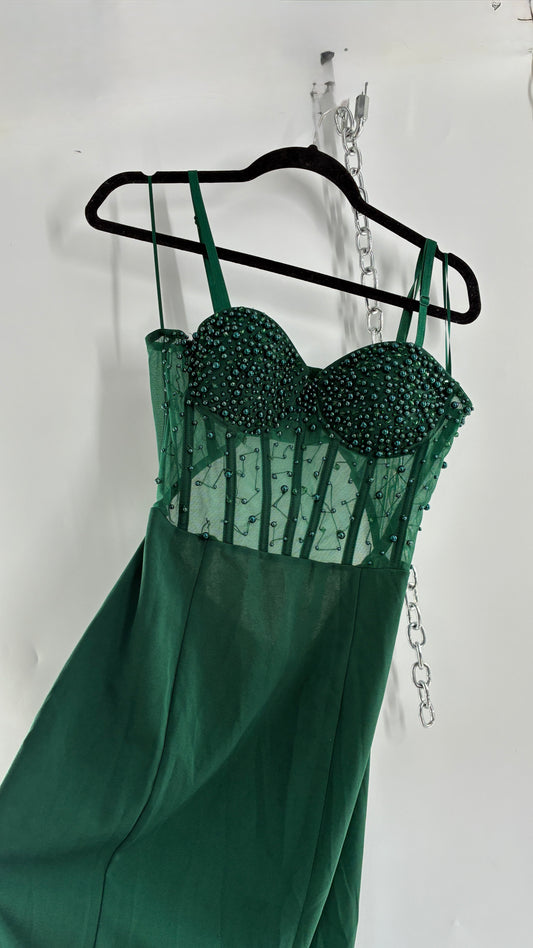 WINDSOR Green Backless Gown with Beaded Corset, Thigh Slit, and Tags Attached (Large)