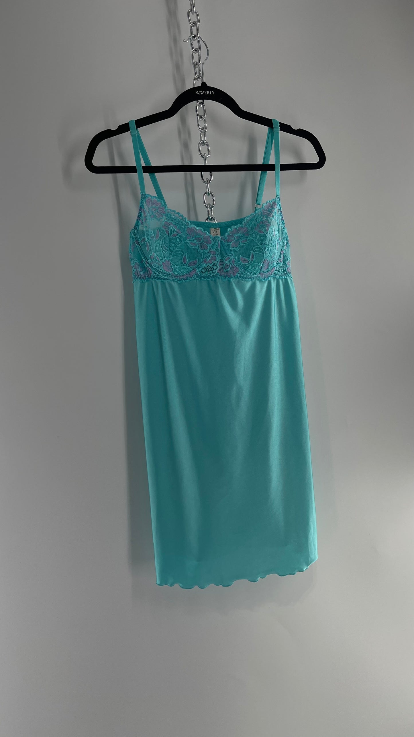 Vintage Baby Blue Balconette Mini Dress with Lace Cups and Purple Details (Large)