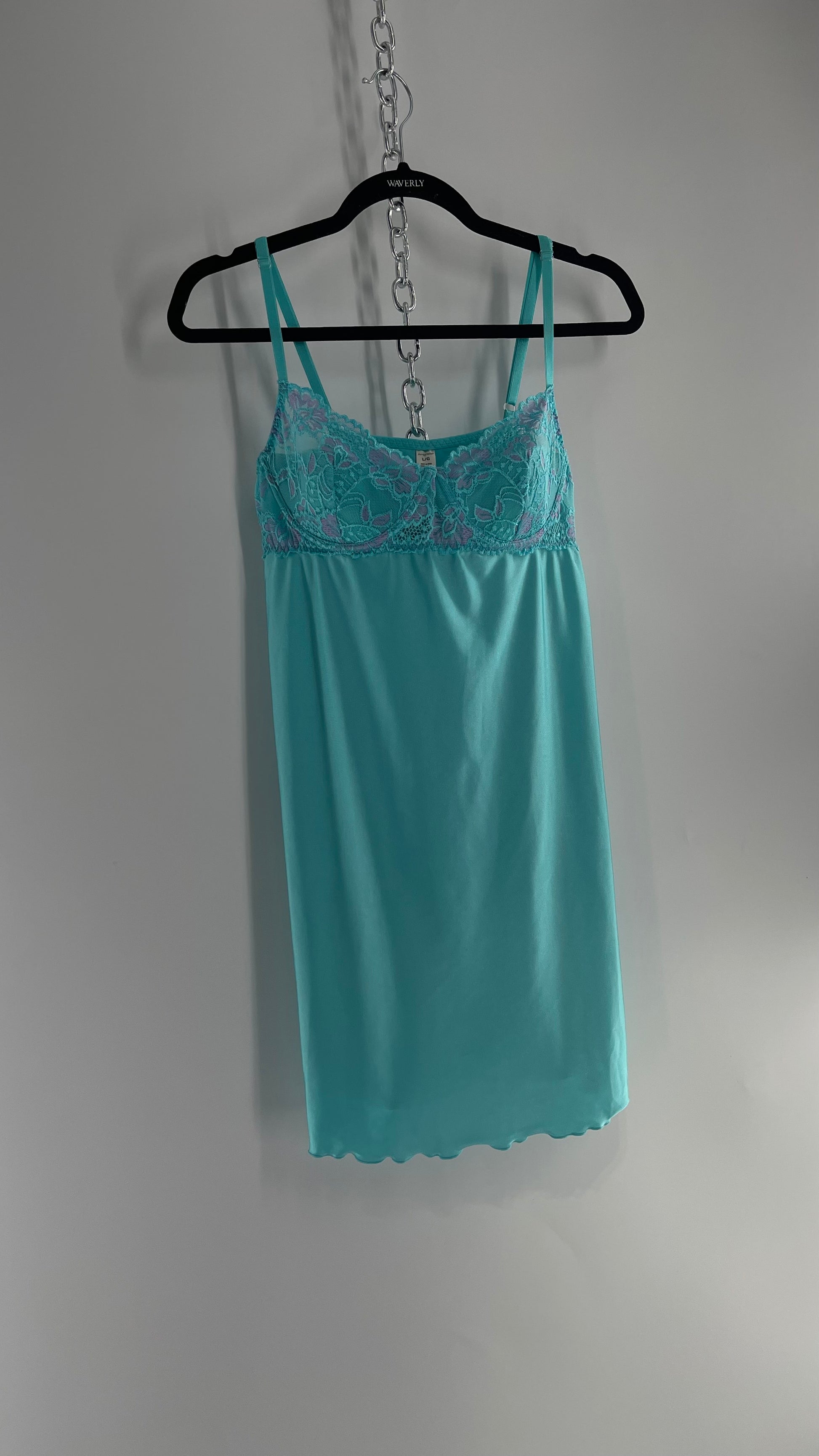 Vintage Baby Blue Balconette Mini Dress with Lace Cups and Purple Details (Large) Vintage Baby Blue Balconette Mini Dress with Lace Cups and Purple Details (Large)