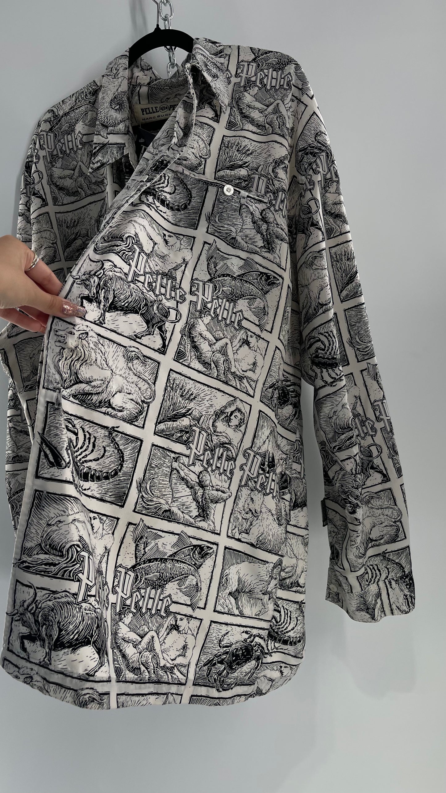 Extremely Rare Vintage PELLE PELLE Zodiac Astrology Comic Strip Graphic Long Sleeve Button Up (3X)