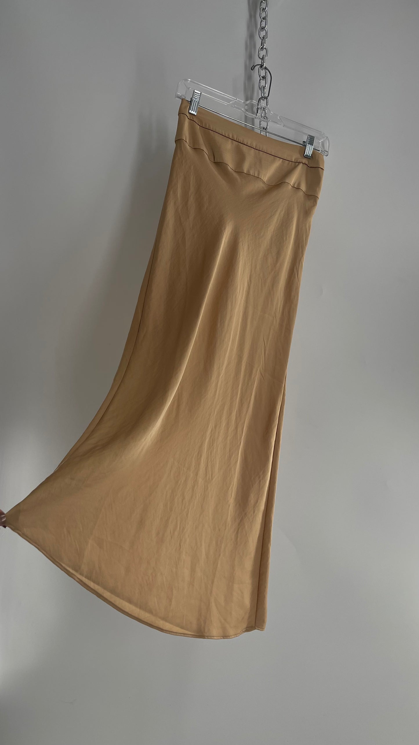 Free People Gold/Tan Silky Maxi Slip Skirt with Wide Waist Band (2)