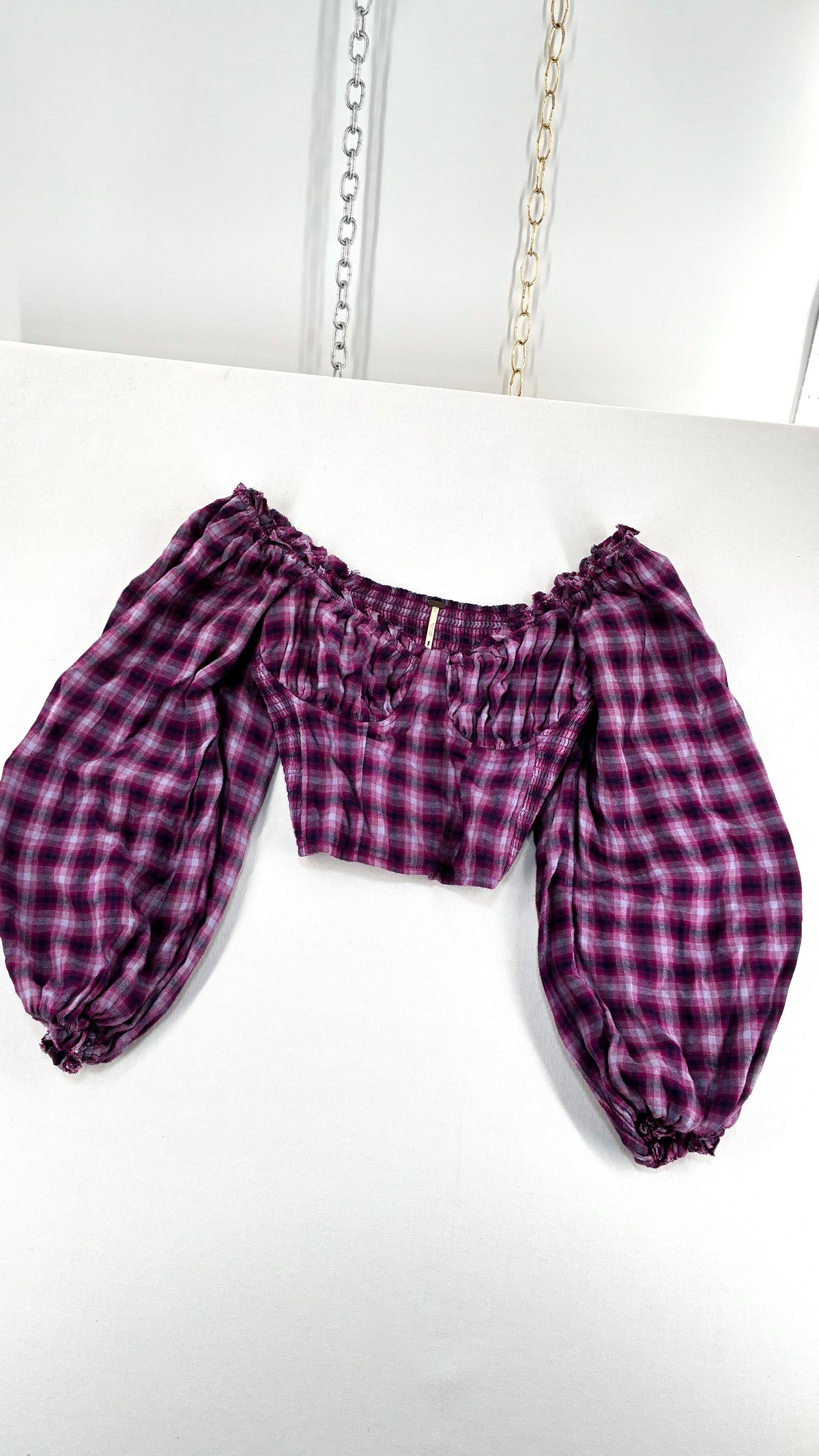 Free People Purple Plaid Bubble Sleeve Blouse with Milkmaid Bust (Small)