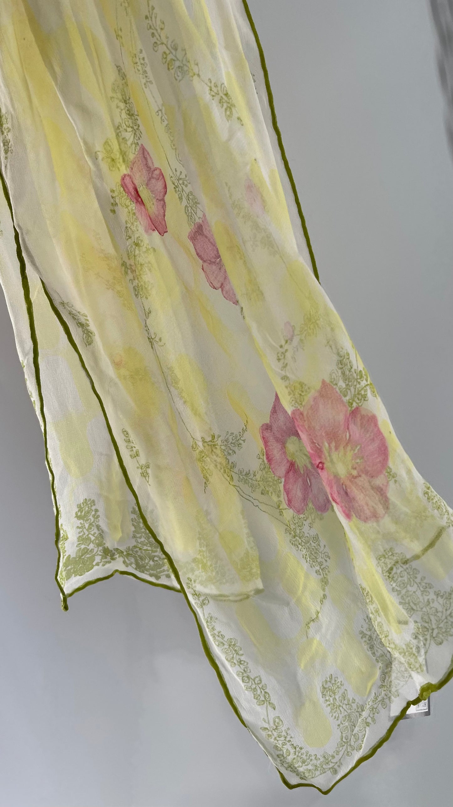 Vintage Lime Skinny Scarf with Florals