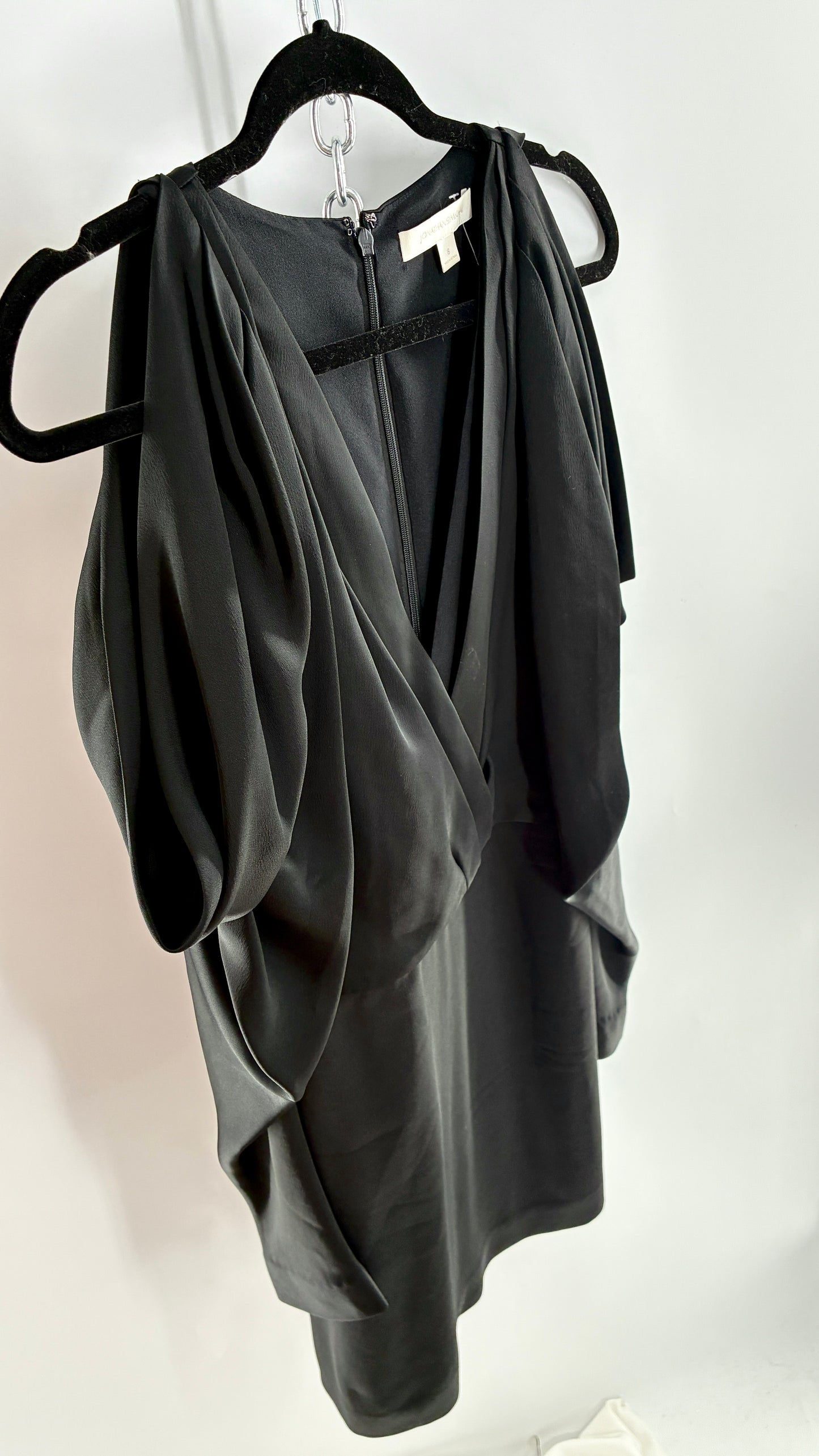 JONATHAN SIMKHAI Black Silky Mini Dress with Exaggerated, Draped Cold Shoulders (8)
