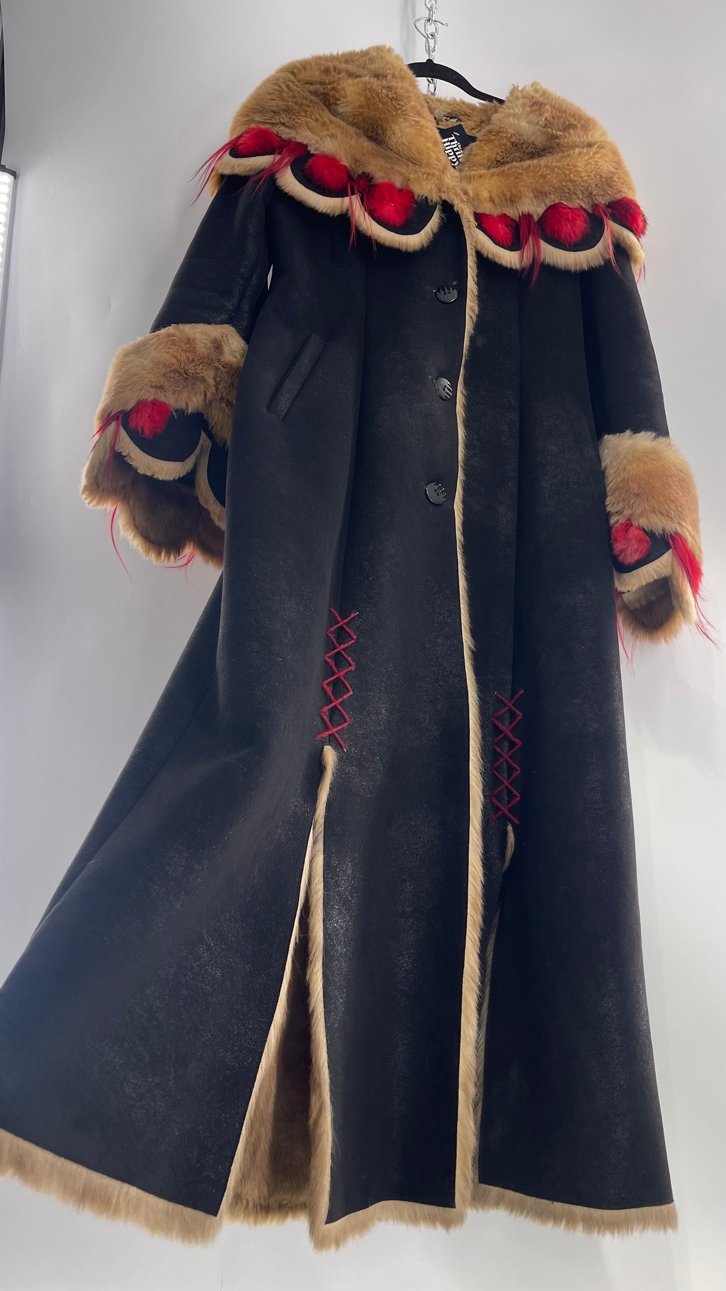 Vintage Russian Black Coat with Brown Fur Piping/Lining, Red Feathers, Scalloped Sleeve, and Hood (Medium)