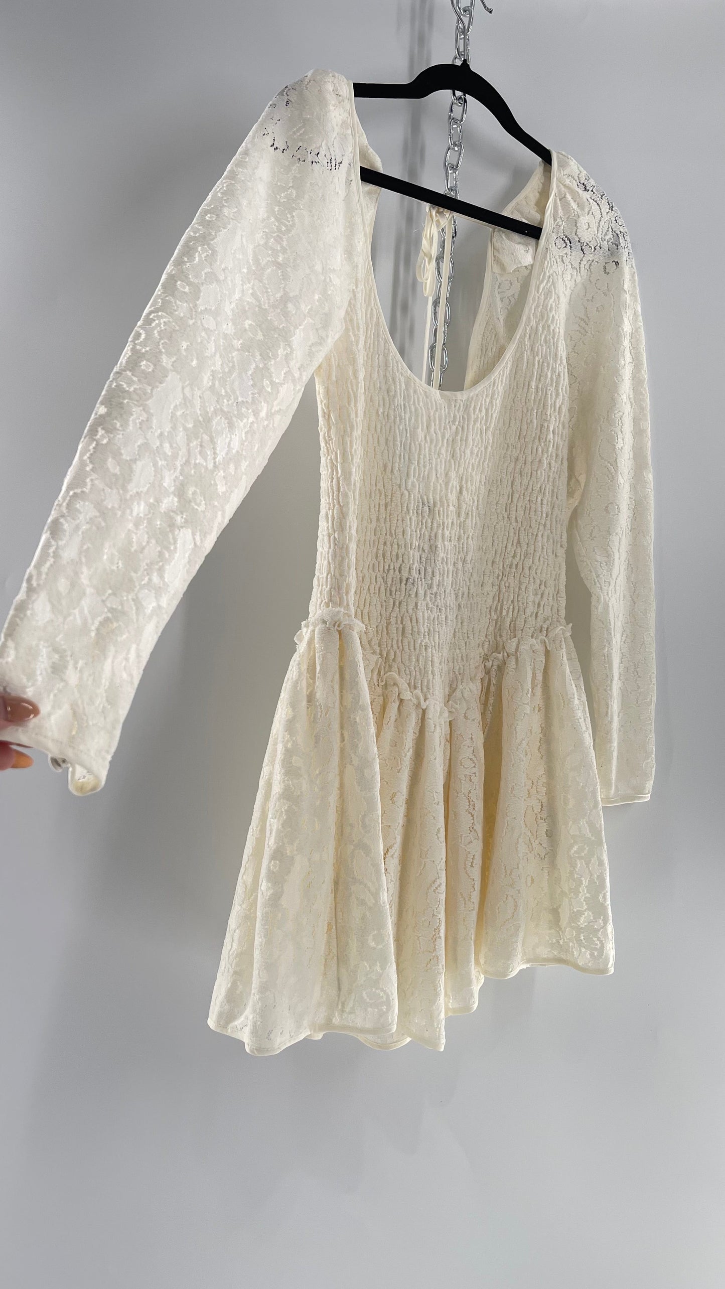 Free People White Velvet Lace Mini Dress (Small)