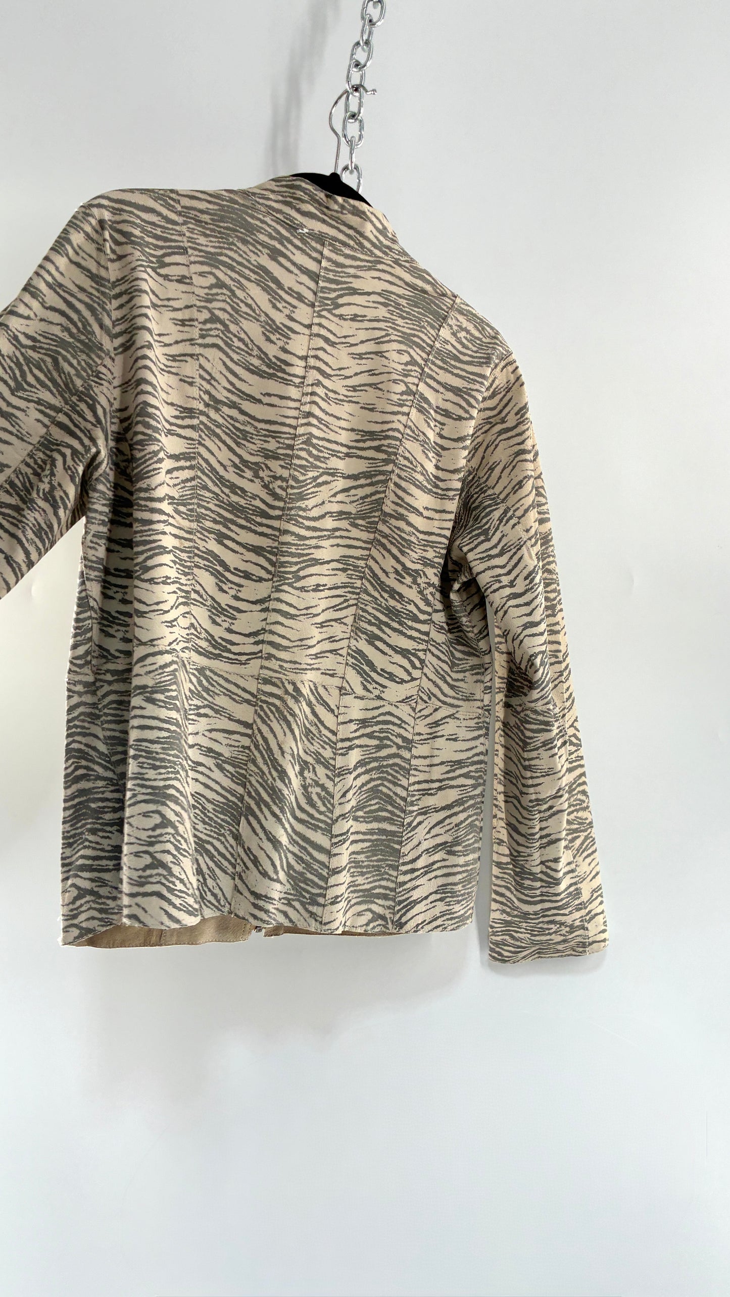 Vintage Reversible Thin Genuine Suede Leather Zip Up Jacket Beige/Zebra (Medium)