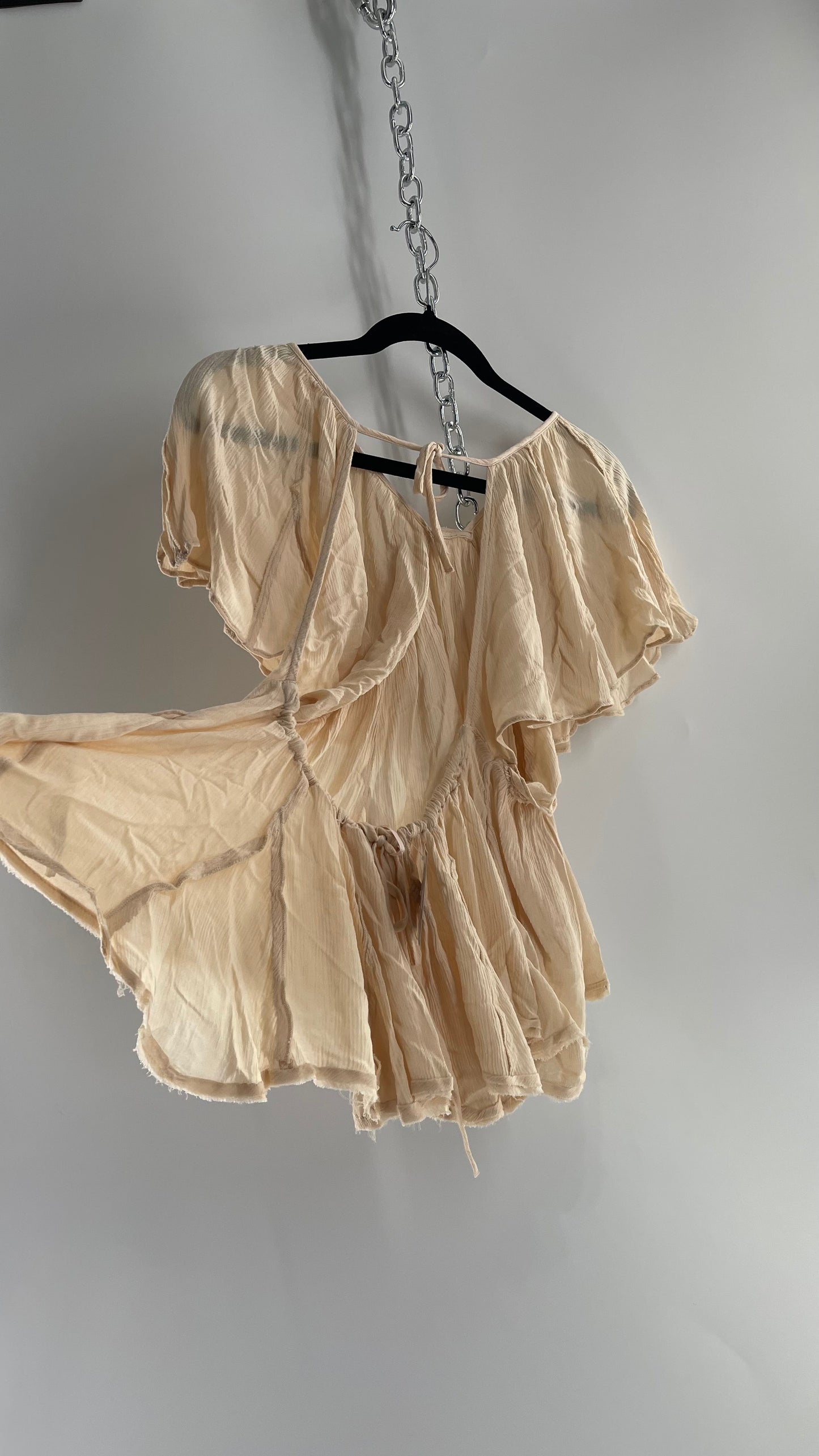 Free People Beige Open Back Drape Sleeve Blouse (XS)