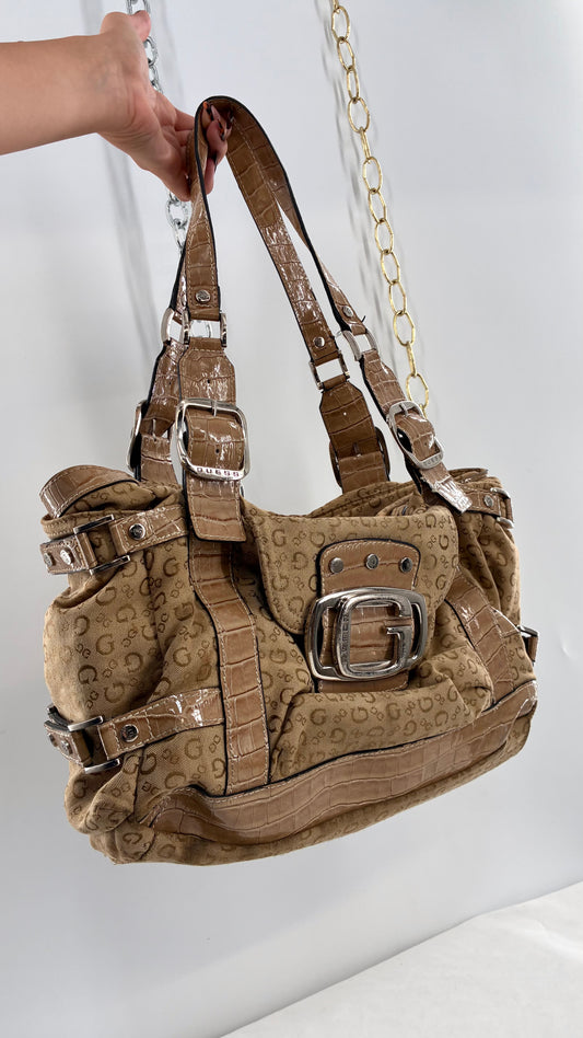 Vintage Guess Tan Monogram Shoulder Bag With Croc-Embossed Trim