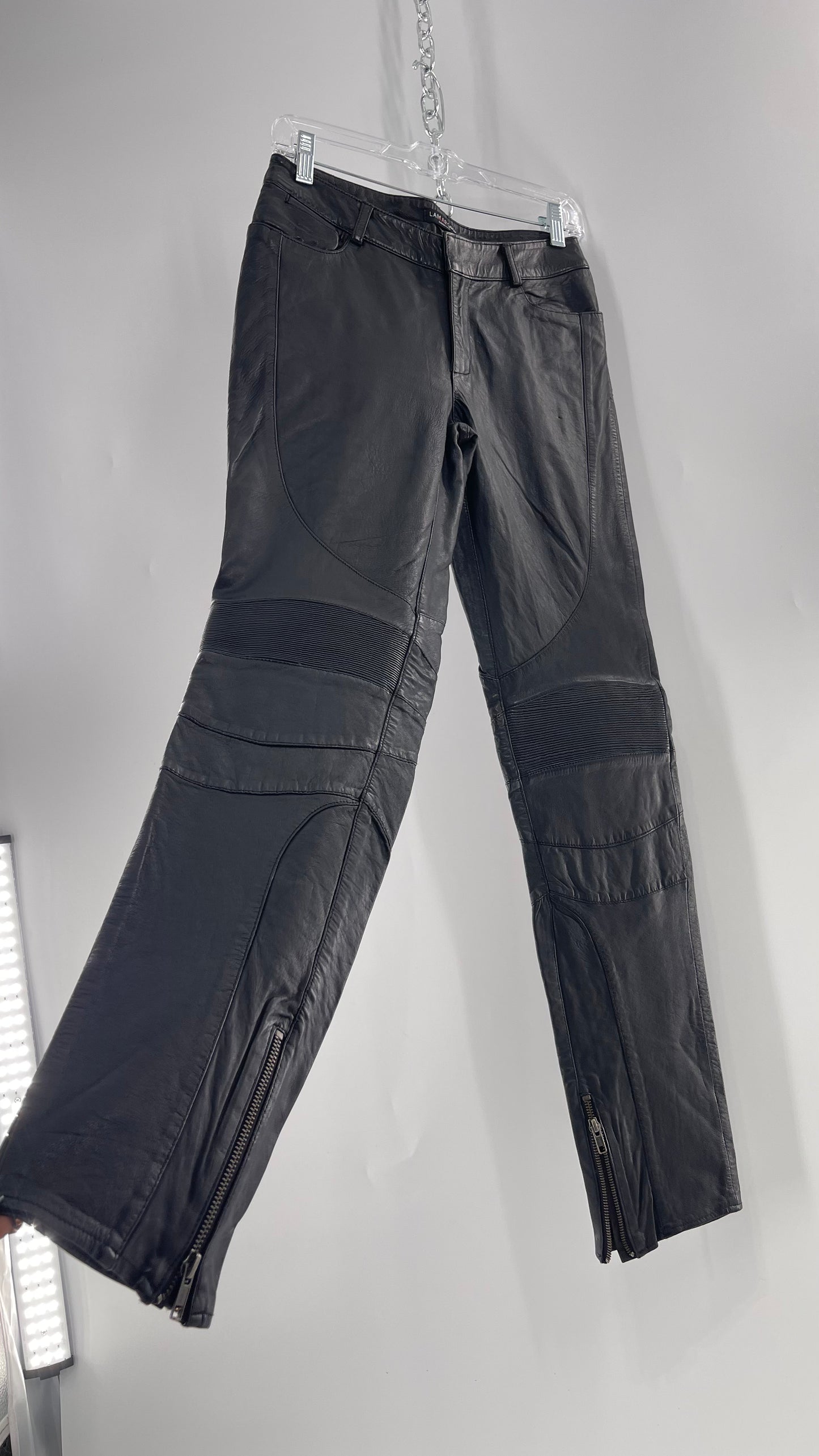 LAMARQUE 1990s Collection Vintage Black Leather Moto Style Pant with Panels, Ribbing and Zipper Details (6)