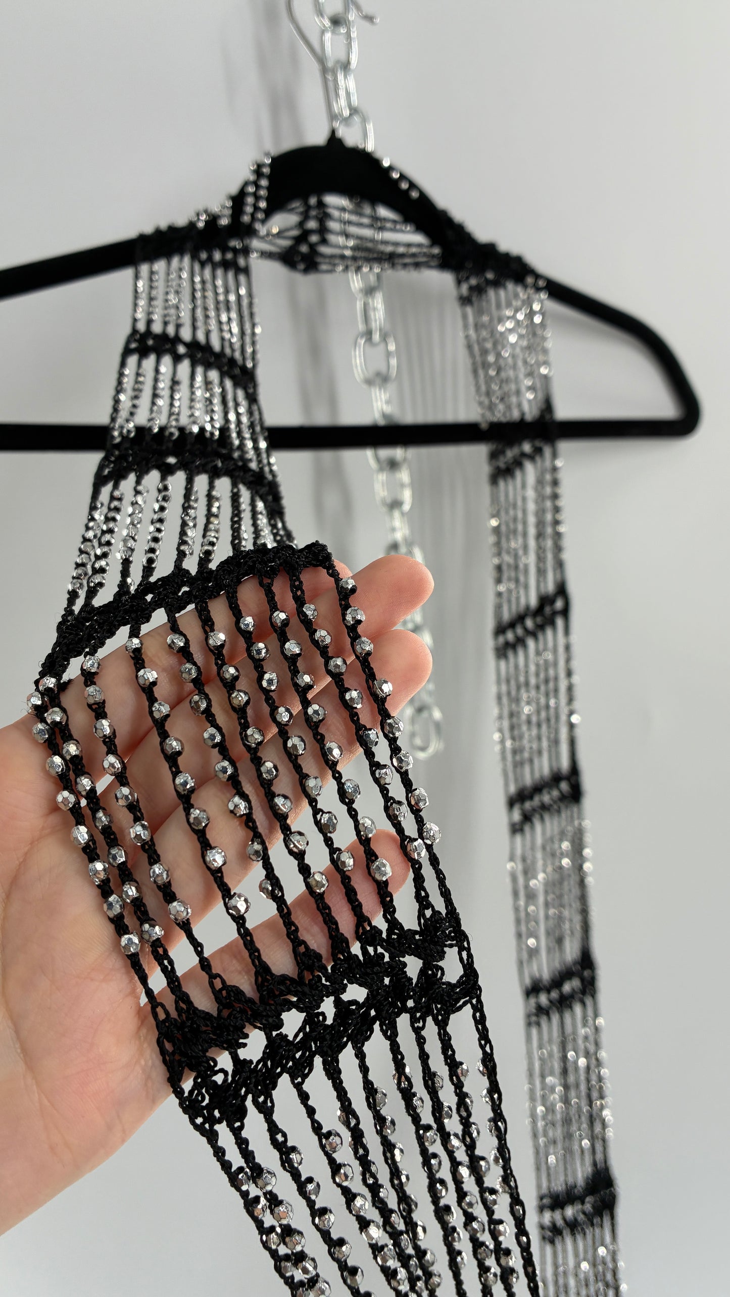 Vintage Black Crochet Infinity Scarf with Silver Pebble Beading