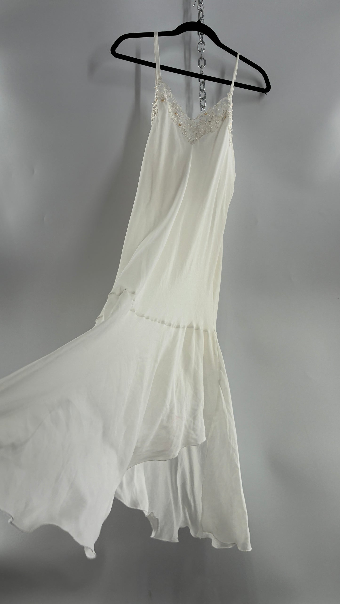 Vintage CALIFORNIA DYNASTY Ivory Maxi Slip Nightgown Dress with Sequin Neckline and Handkerchief Hem (Large)