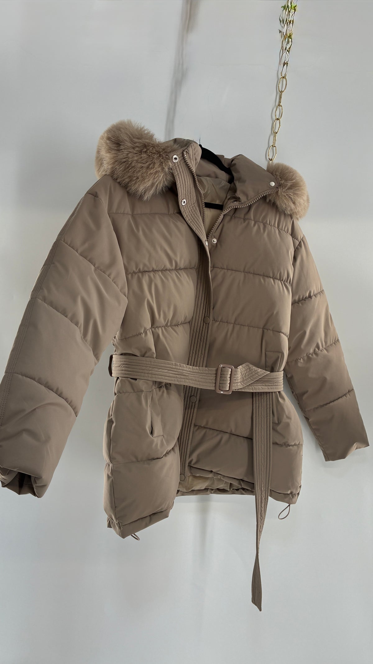 KATCH ME Taupe NWOT Bubble Coat with Exaggerated Vegan Fur Lined Hood NWOT (XL)