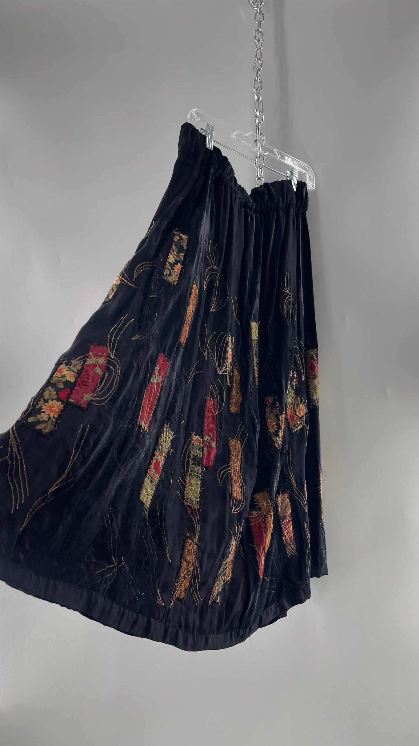 Vintage Black Velvet and Embossed Florals Patchwork Skirt with Metallic Stitch Detailing with Lining and Thick Waistline (M)