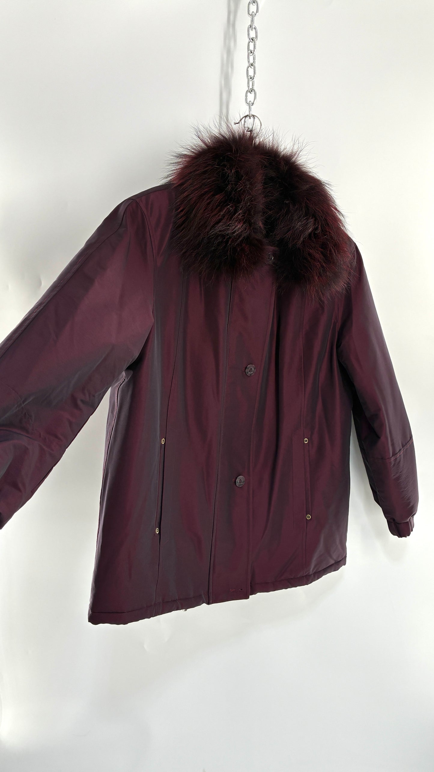 Vintage FLEET STREET Metallic Iridescent Purple Jacket with Exaggerated Genuine Fur Collar (Medium)