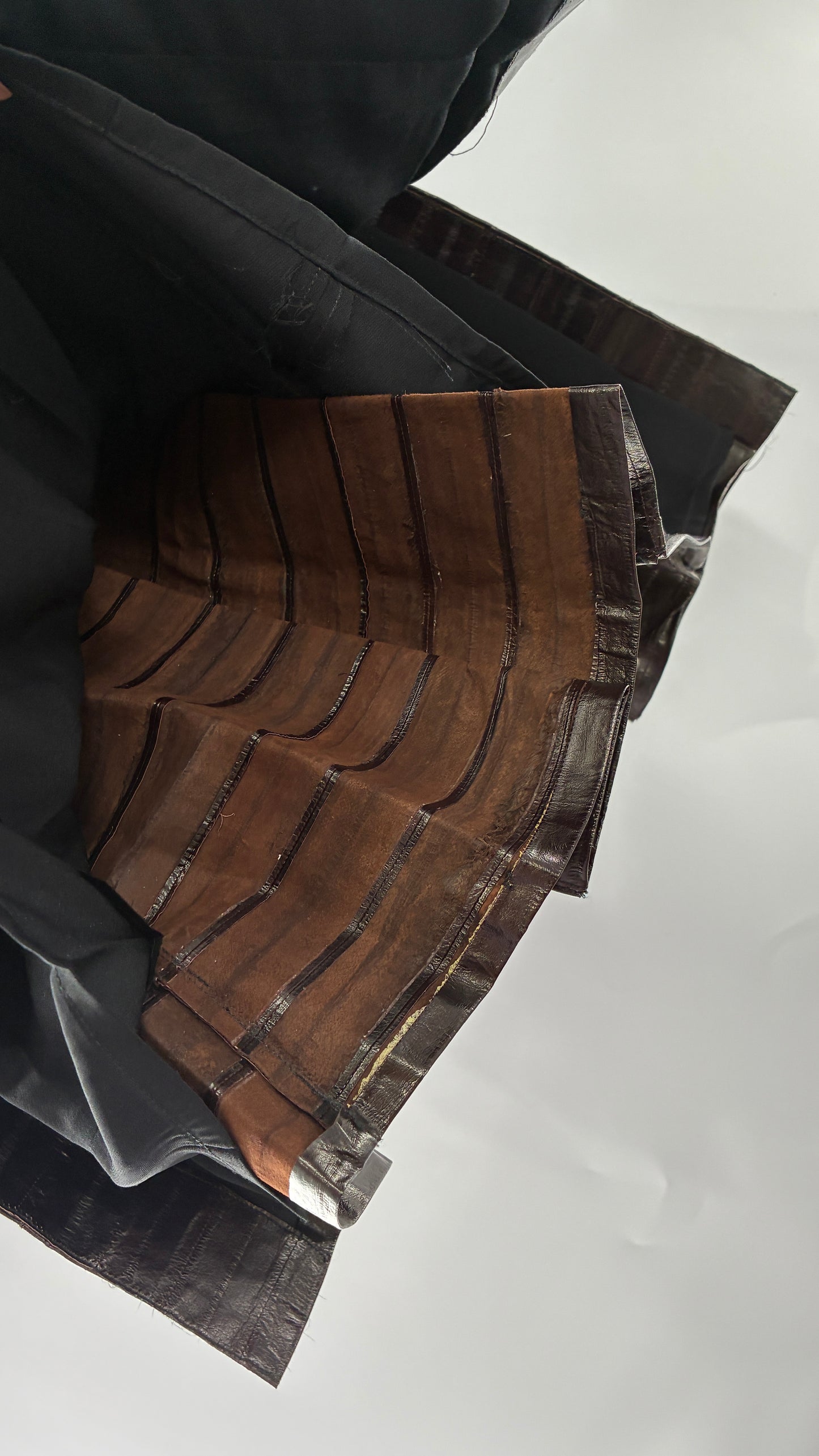 Vintage Handmade Pleated Dark Brown Genuine Leather Patchwork Skirt (XS)