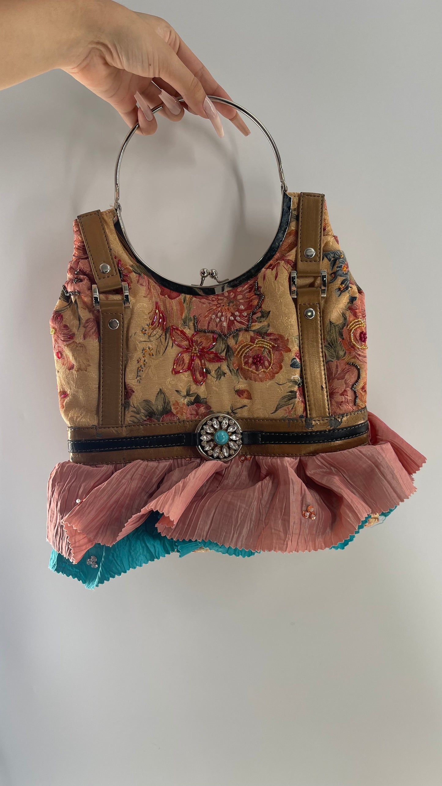 Vintage For Nike Tapestry Purse with Ruffled, Embellished Trim and Beaded Details