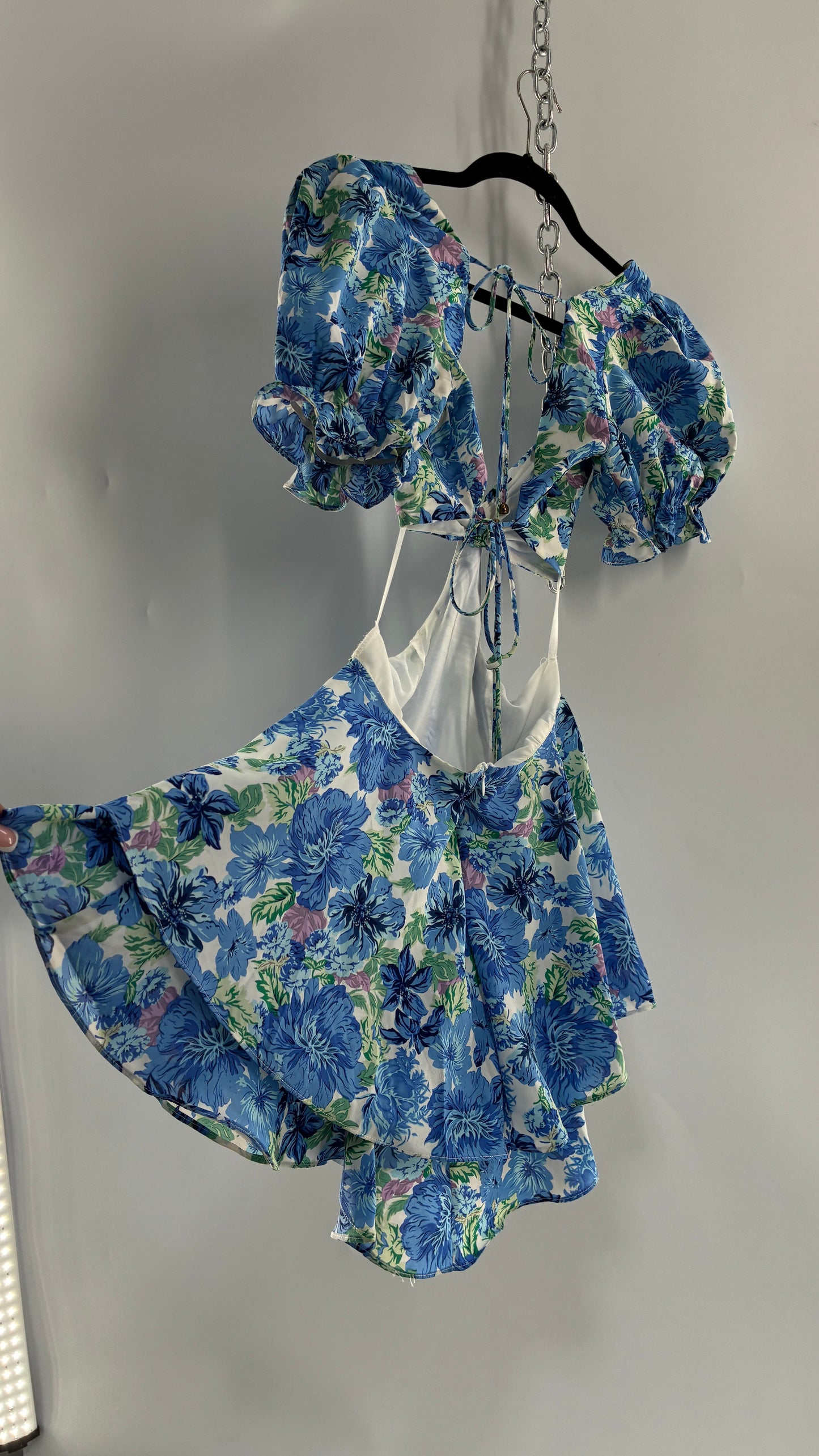Hello Molly Blue Puff Sleeve Mini Dress with Completely Ruffled Sides and Tags Attached (XS)