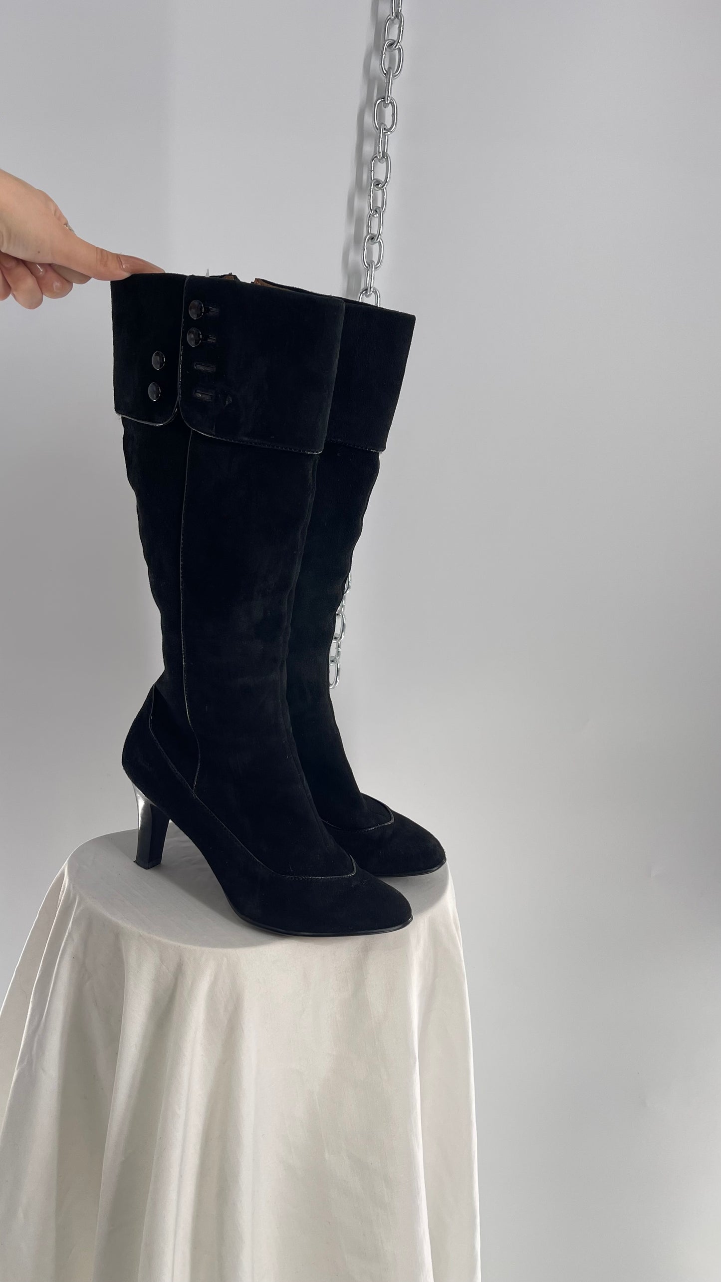 Vintage Soft Black Suede Leather Boots with Piping and Button Details (6)