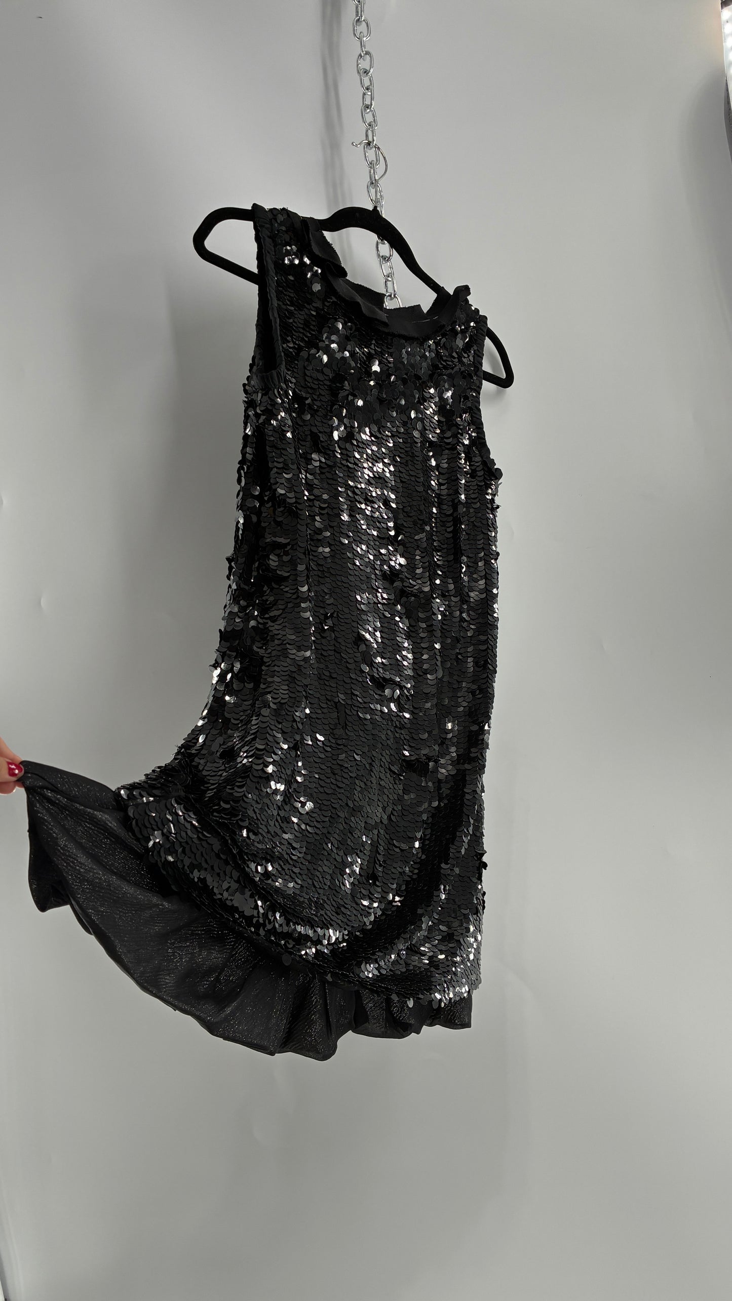 HANII Y. Black Sequin Mini Dress with Beaded, Pleated Ribbon Neckline and Bubble Hem (40)