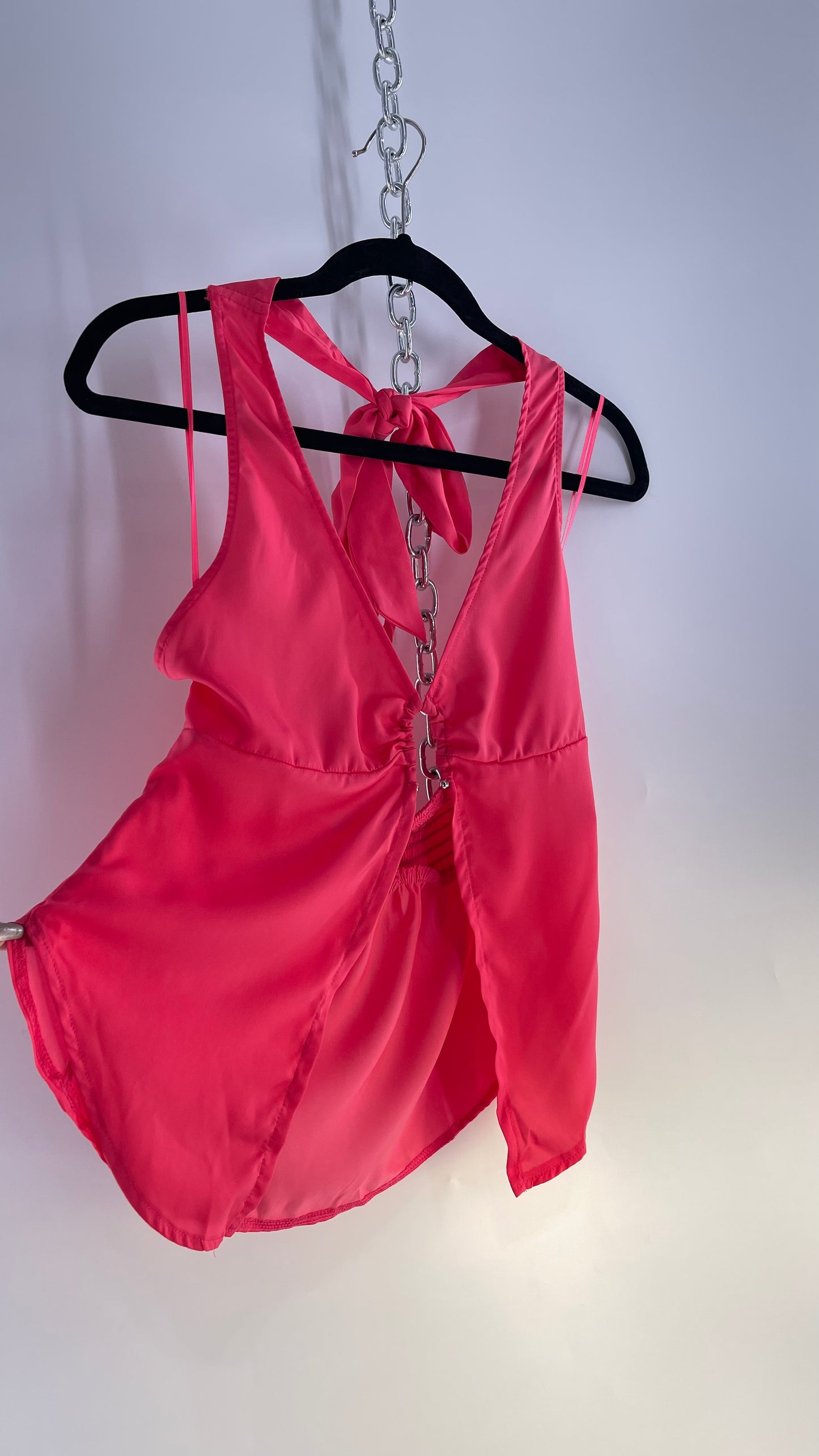 Free People Hot Pink Silky Vented Halter with Silver Metal Bust Detail (Small)