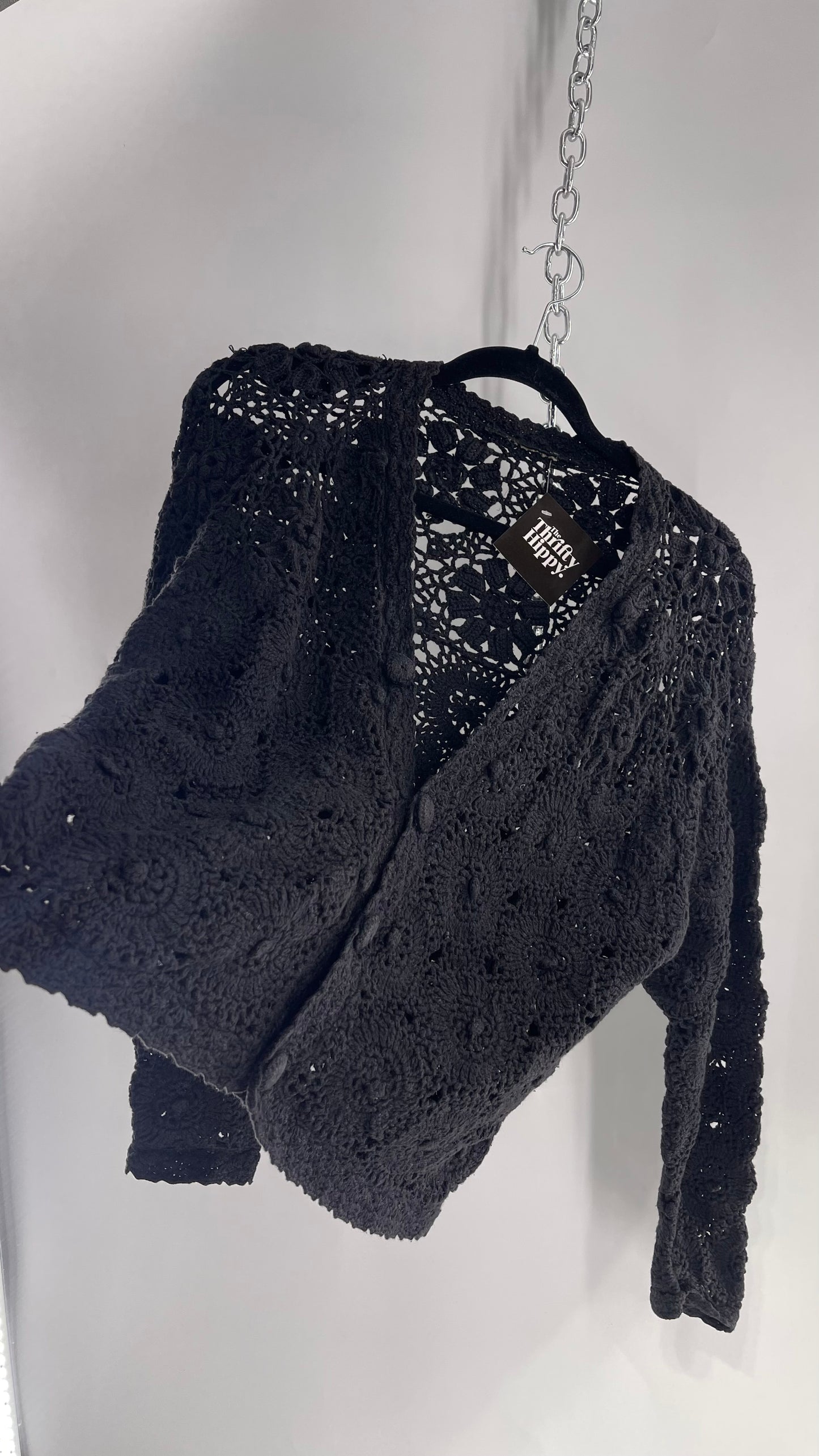 Vintage Black Handmade Crochet Cardigan (Medium)