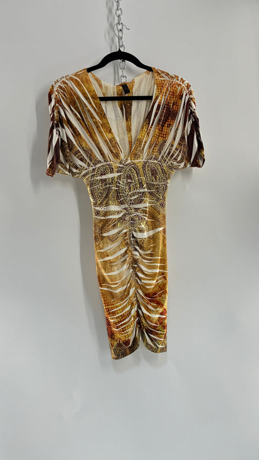 Vintage Bodycon Gold Graphic Mini Dress with Rhinestones (Small)