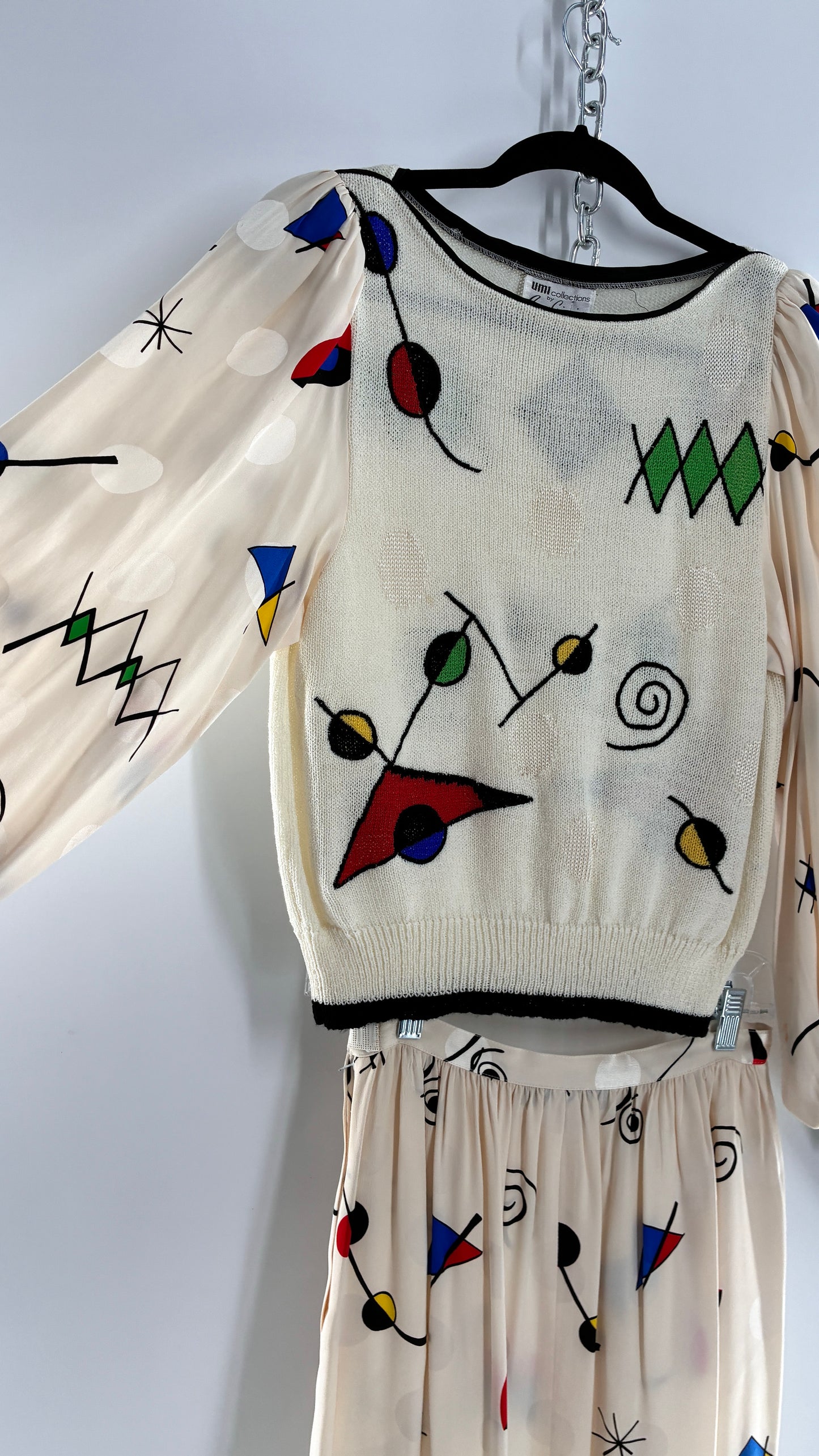 Vintage 1980s UMI collections by Anne Crimmins Off White 2 Piece Set with Abstract Embroidered Designs and 100% Silk Polka Dot Print Skirt (Medium Sweater, 8 Skirt)