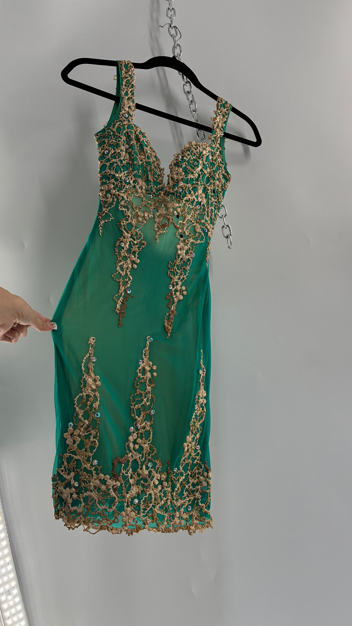Vintage HOLT Hand Painted Turquoise Mini Dress with Low Open Back (XXS/XS)