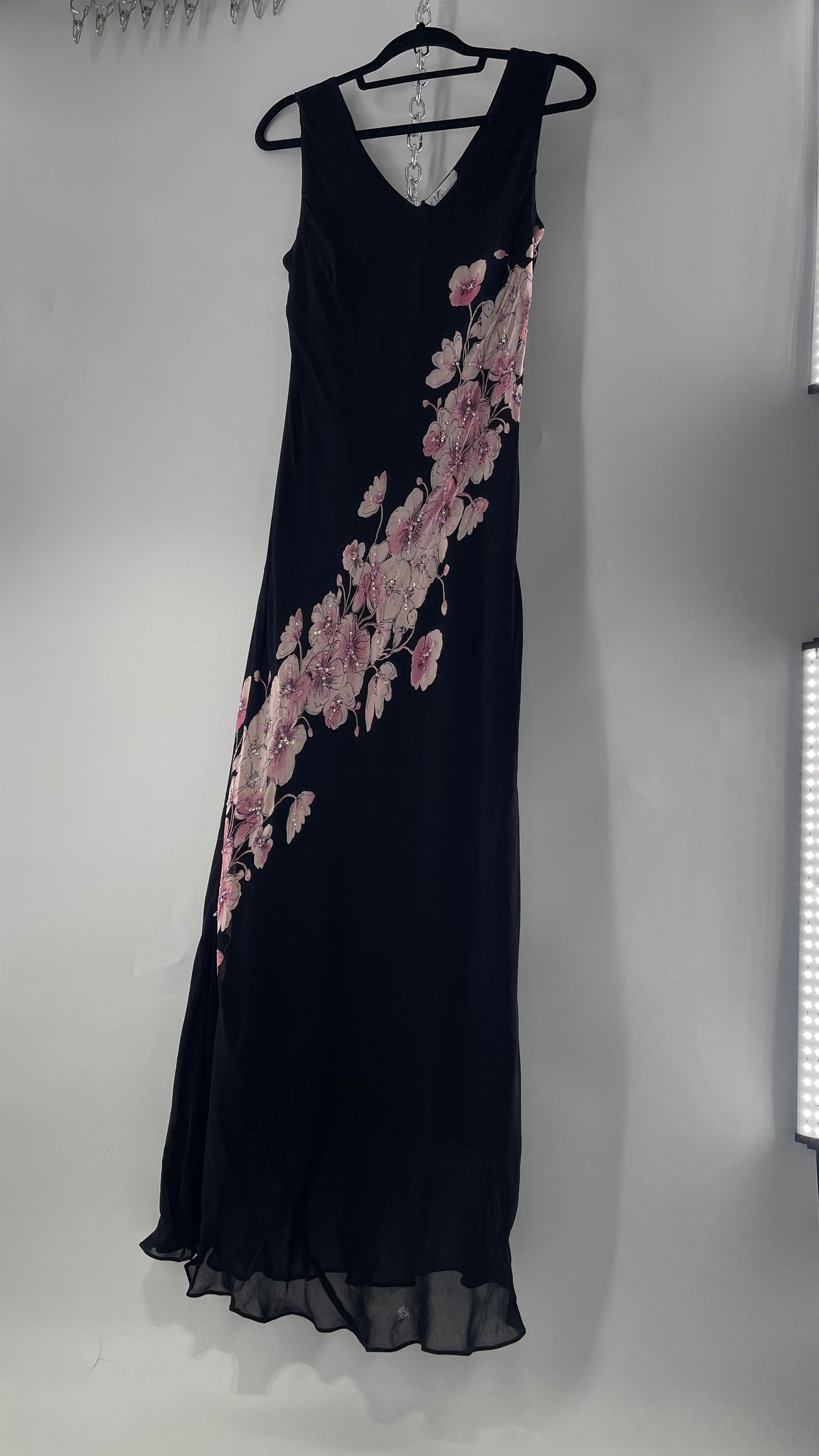 Vintage Dress Barn Black Slinky Maxi Dress with Pink Floral Graphic and Sequins (L)