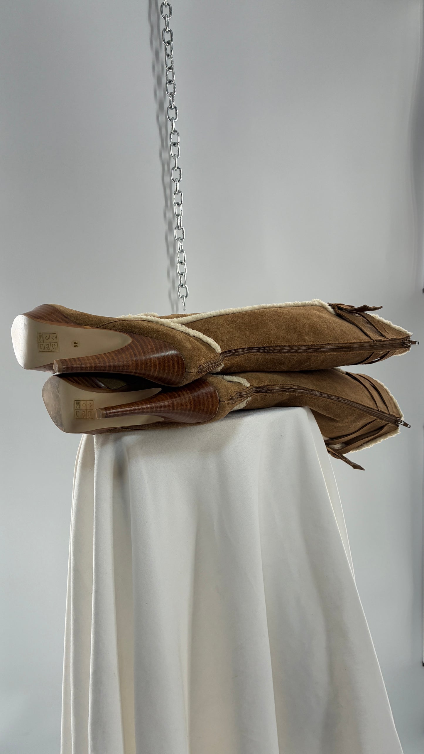 Vintage BEBE Genuine Suede Leather Stiletto, Platform Knee High Boots with Shearling Piping (8B)