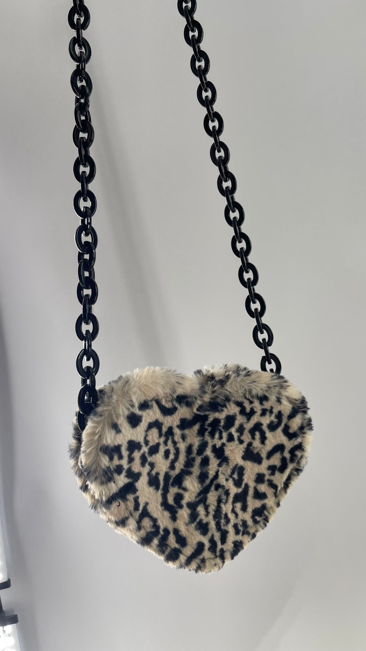 Cheetah Faux Fur Heart Shaped Bag with Black Chain Strap