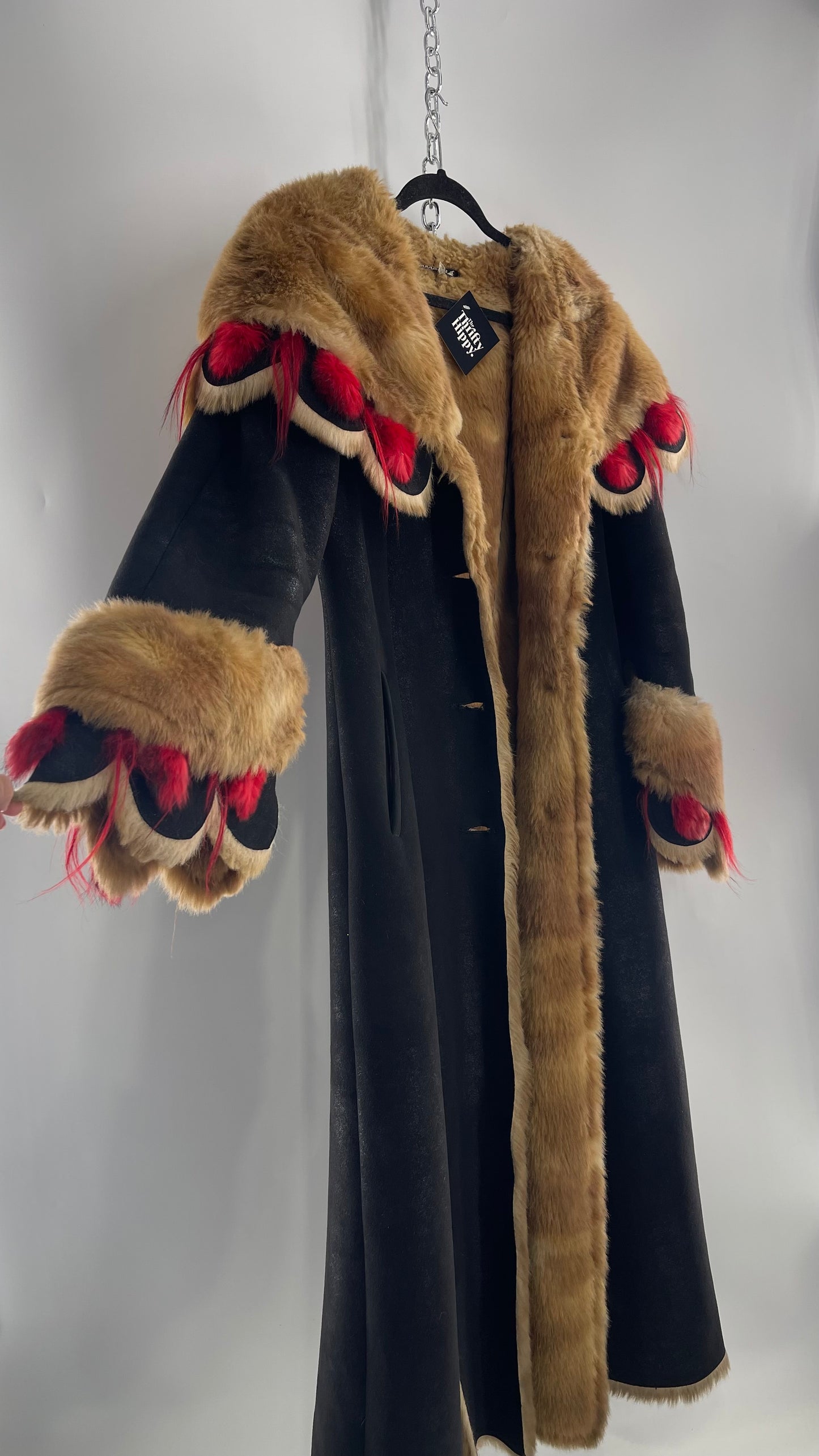 Vintage Russian Black Coat with Brown Fur Piping/Lining, Red Feathers, Scalloped Sleeve, and Hood (Medium)