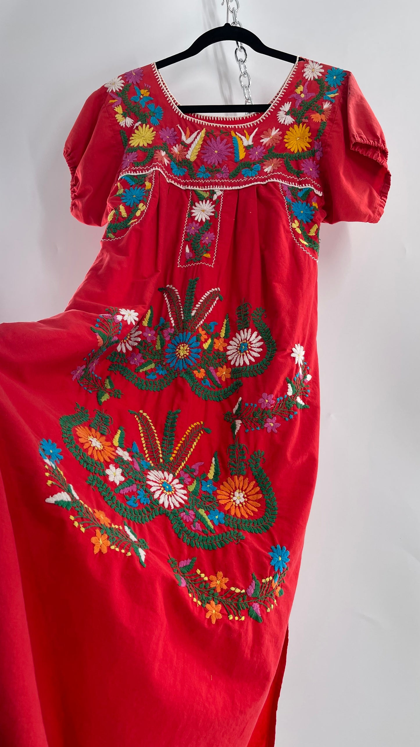 Vintage 1970s Red Cotton Dress with Hand Embroidered Florals Imported from Mexico (Small)