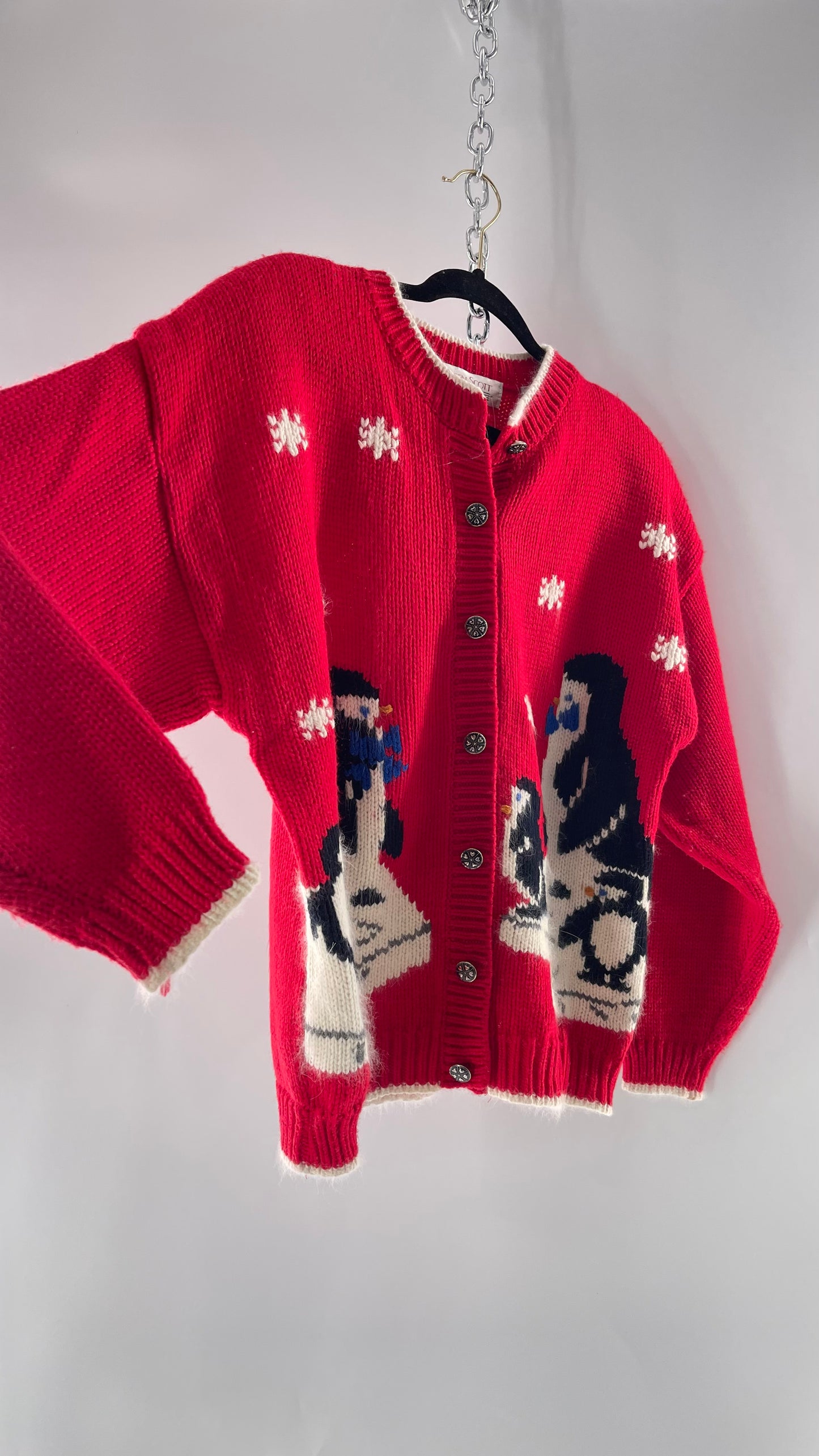 Vintage Karen Scott Silver Button Front, Red Cardigan with Shoulder Padding and the Sweetest Festive Penguins in Bow Ties (Large)