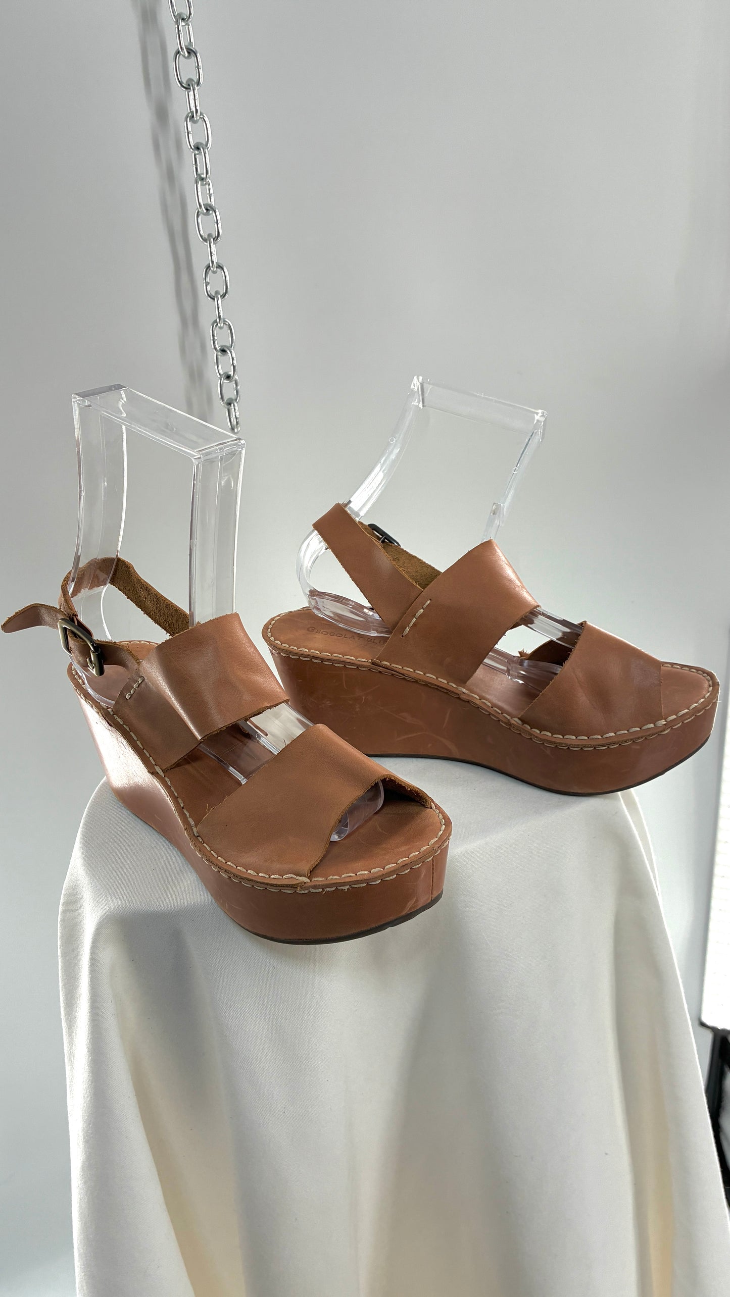 Chocolat Blu Tan Genuine Leather Wedge Platform Sandals (8.5)