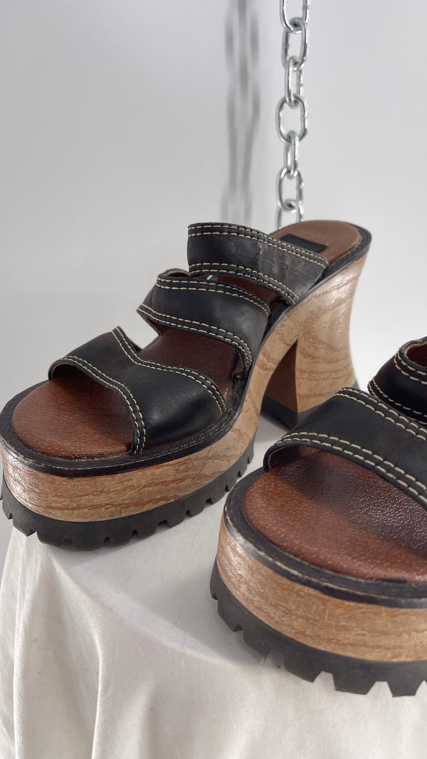 Rare Vintage 9&Co 1990s Brown Leather Strappy Chunky Wooden Platform Funky Heel (7)