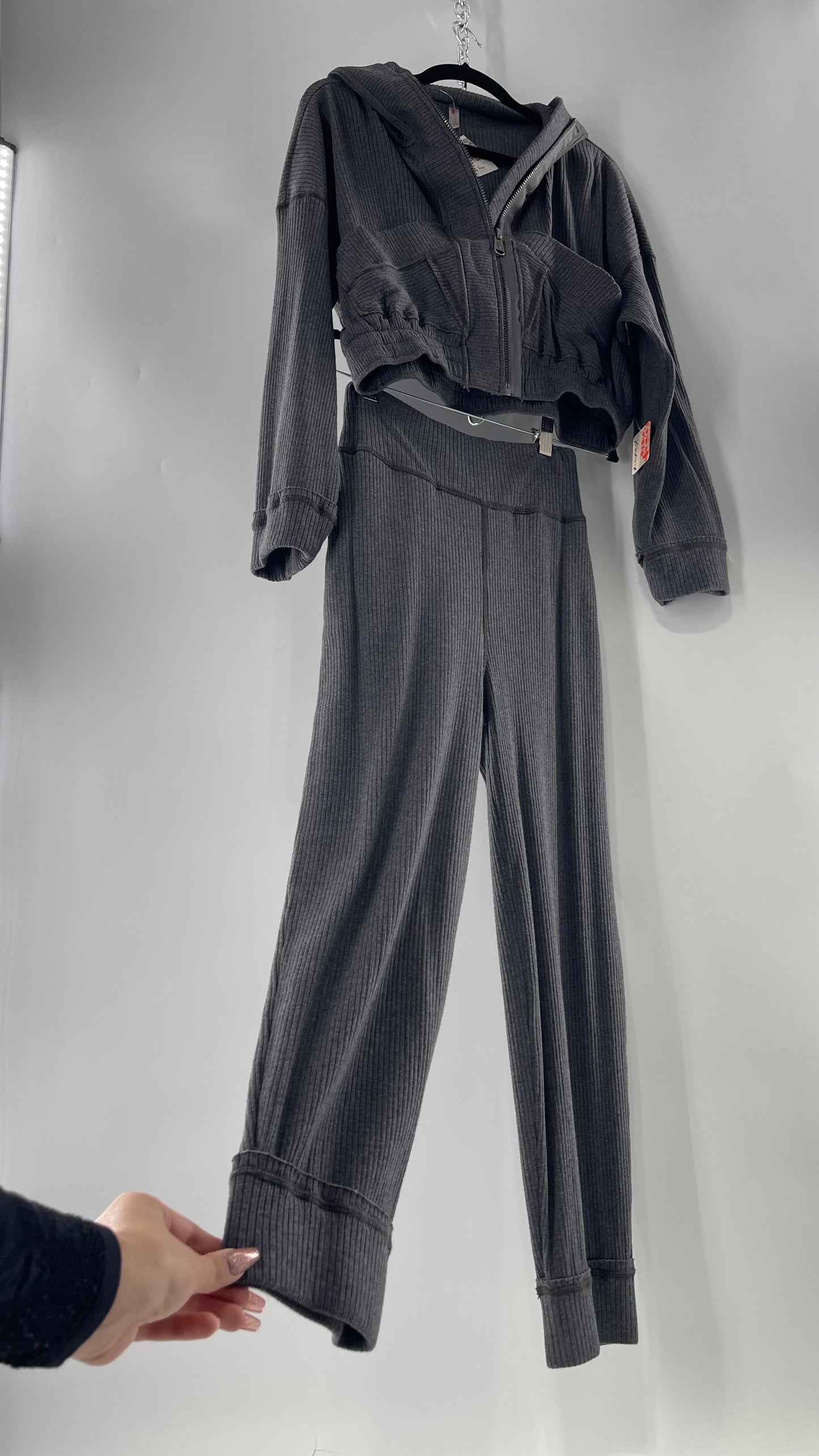 Free People Charcoal Slate Gray 2 Piece Set with Cropped Hoodie and Jogger Sweats with Tags Attached (XS)