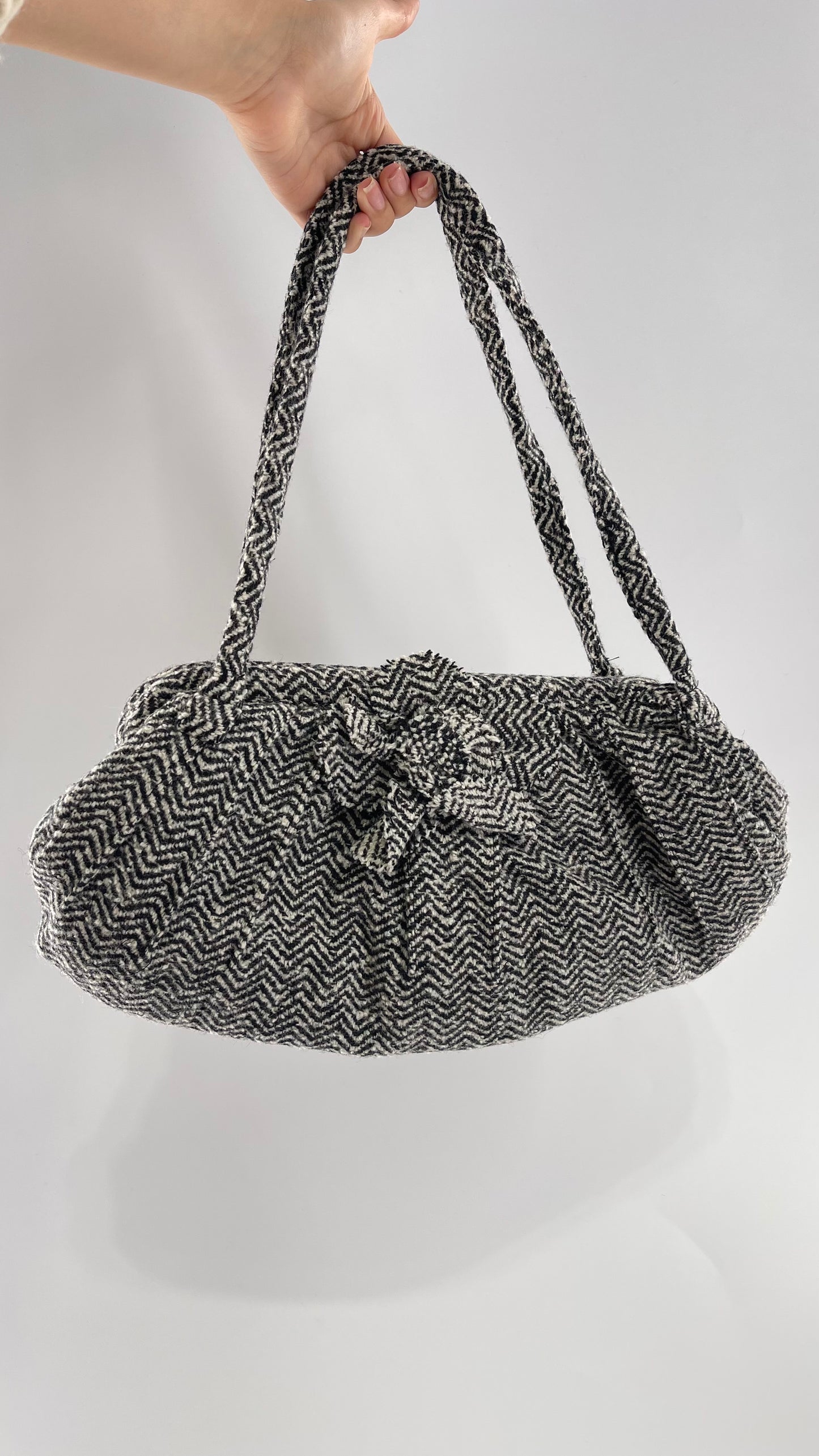 Vintage Wool Knit Black White Purse with Flower Appliqué