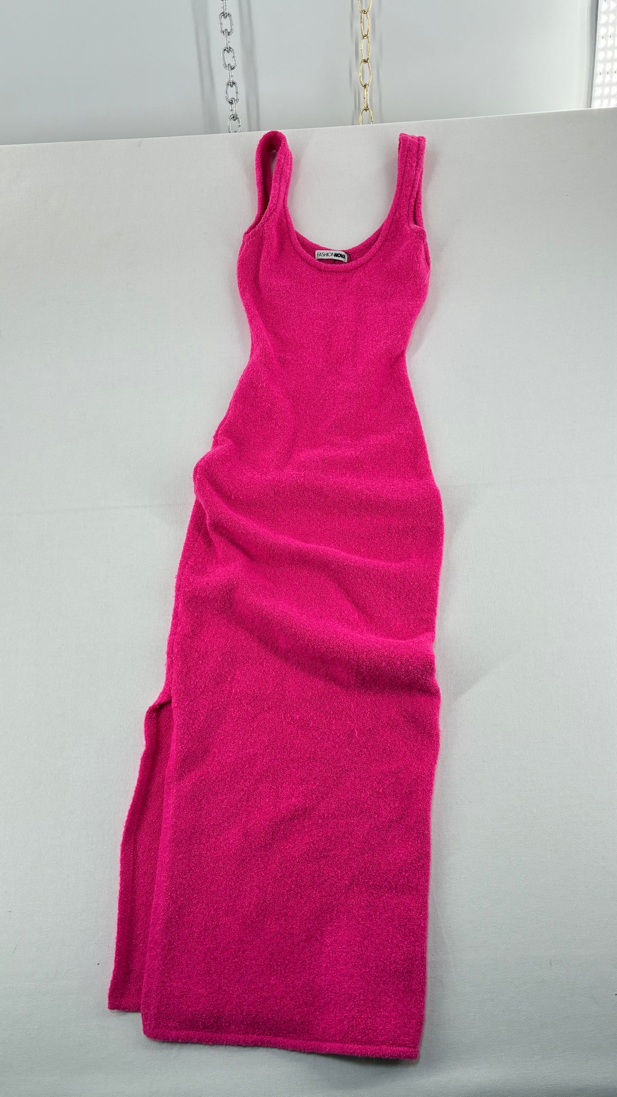 FASHION NOVA Neon Pink Terry Fitted Full Length Body Con Dress Worn (Small)