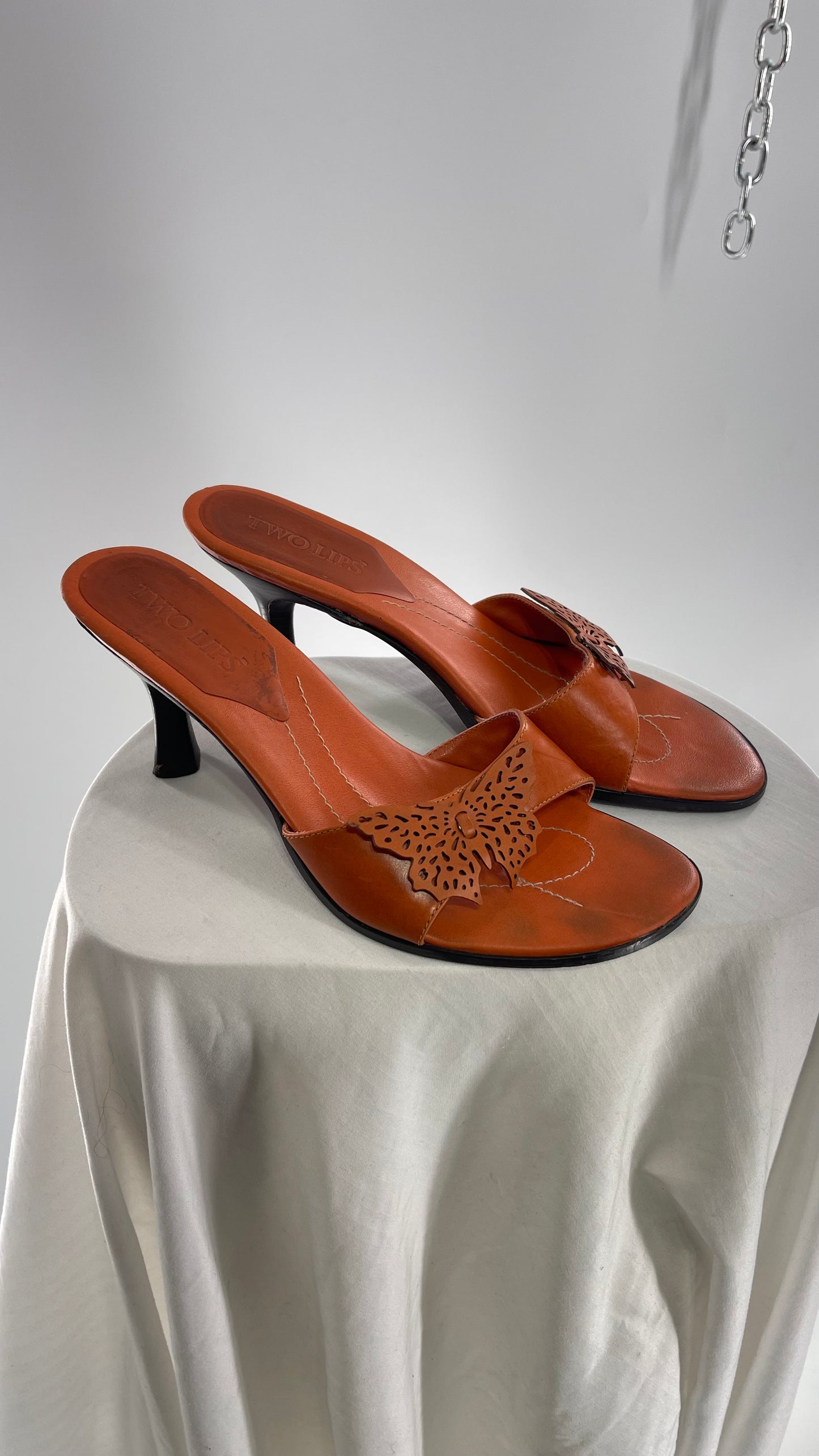 Vintage Two Lips Orange Leather Heels with Butterfly Appliqué (9.5)