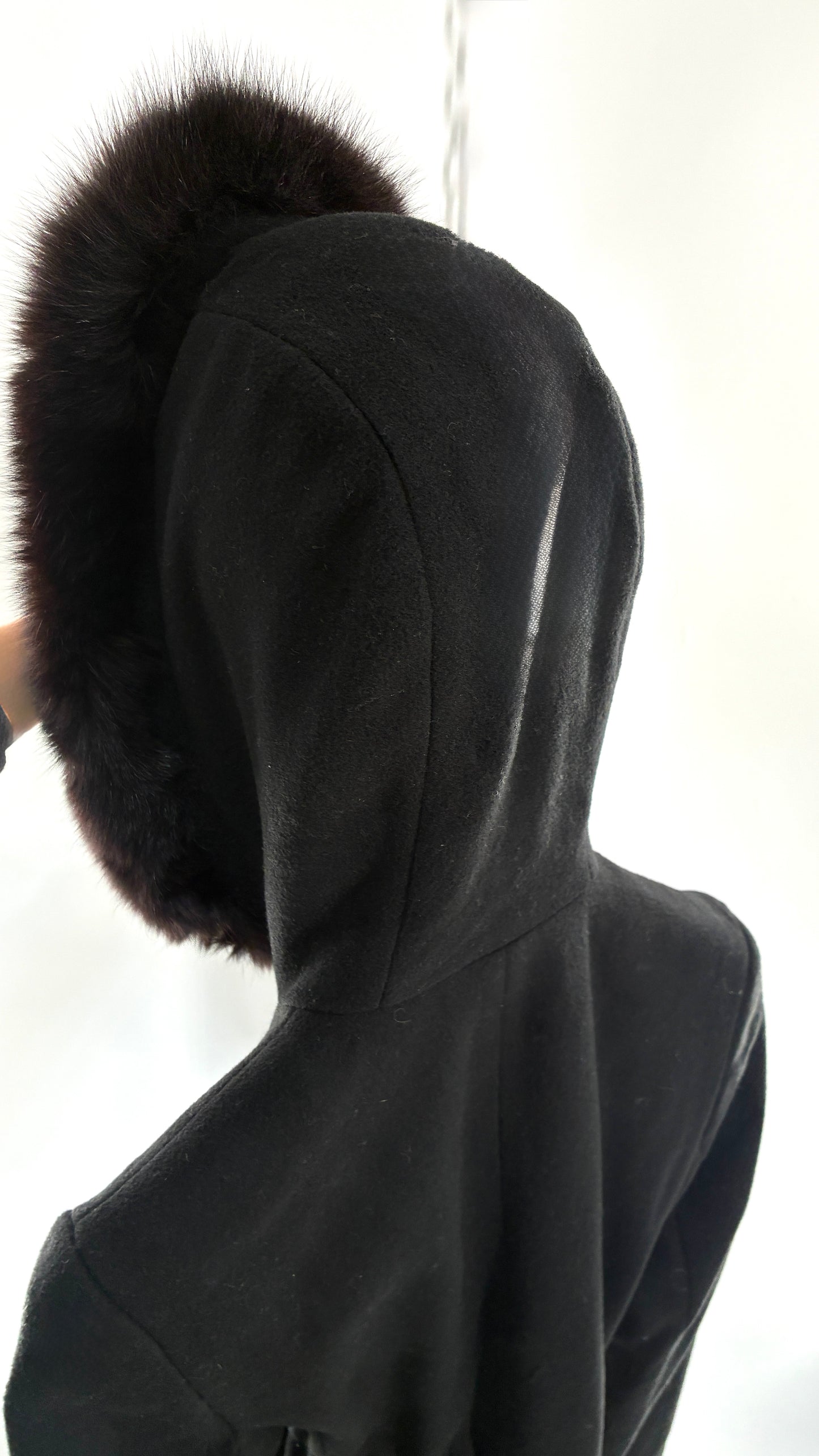 Vintage STEVE by SEARLE Cashmere Blend Coat with Underbust Tie and Fur Hood