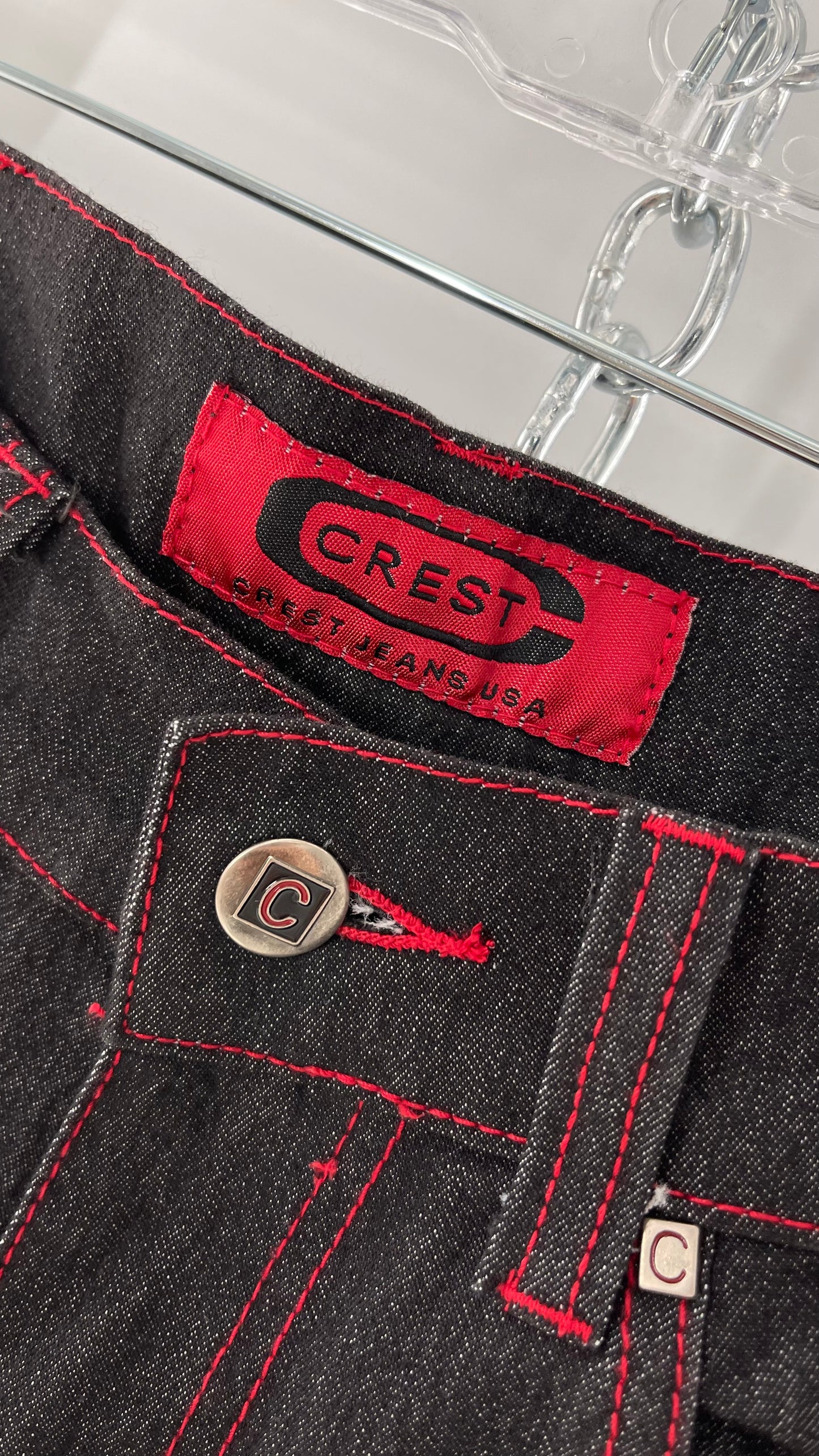 Rare Vintage Black Crest Jeans with Red Contrast Stitching and Butterfly Embroidery on Thigh and Back Pockets (14)