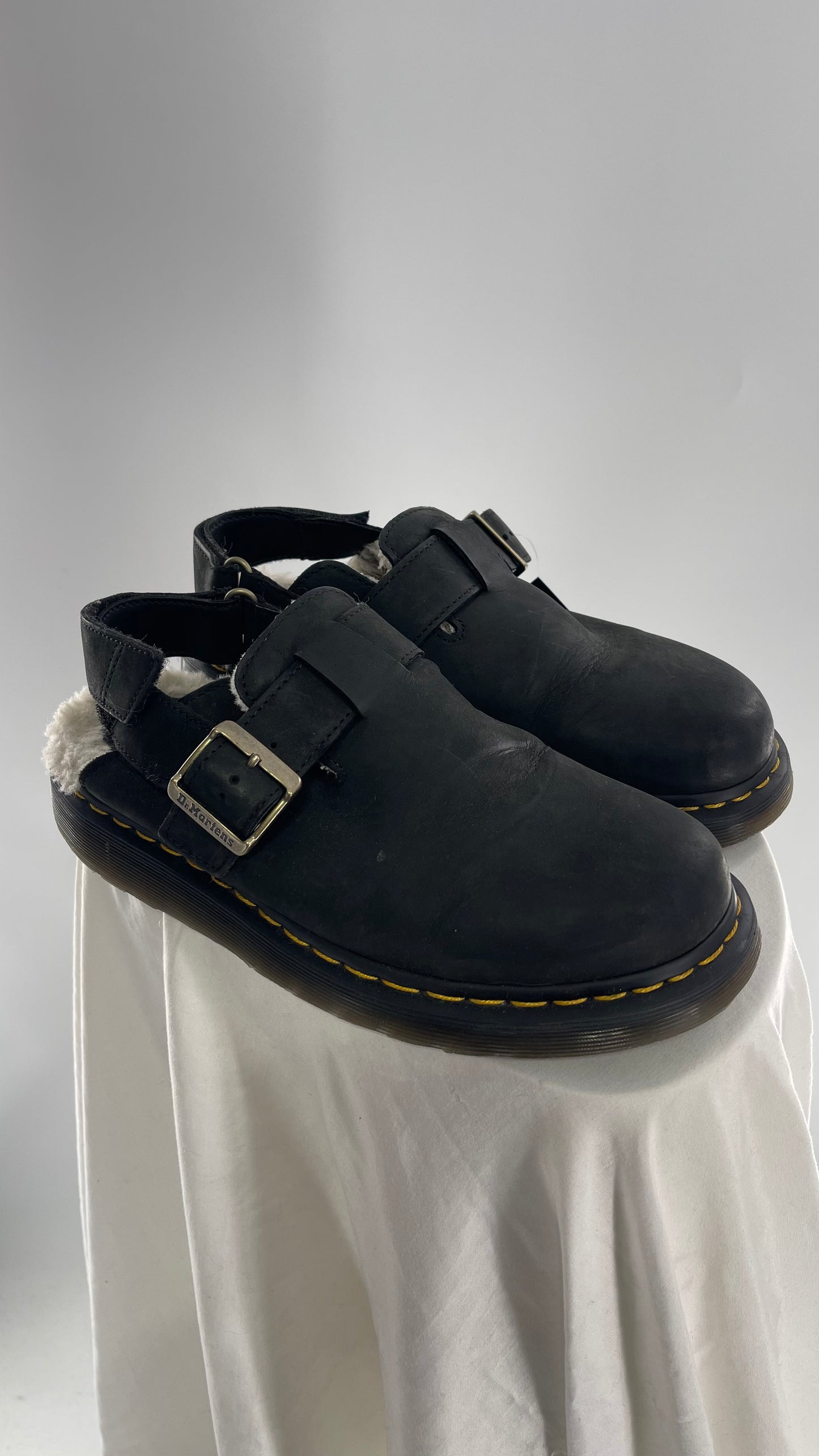 Vintage Worn Dr. Martens Jorge Black Leather Slide on Fur Lined Clogs (8M/9L)