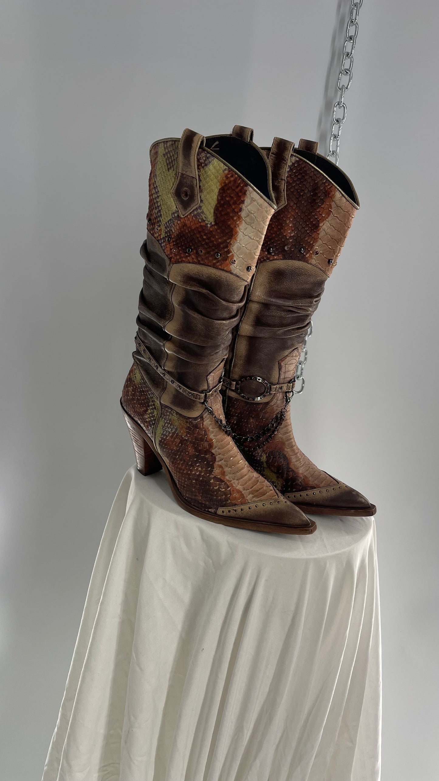 Vintage Steve Madden Stacked/Ruched Pointed Toe Cowboys with Snake Texture, Brown/Green/Orange with Chains and Studs (8)